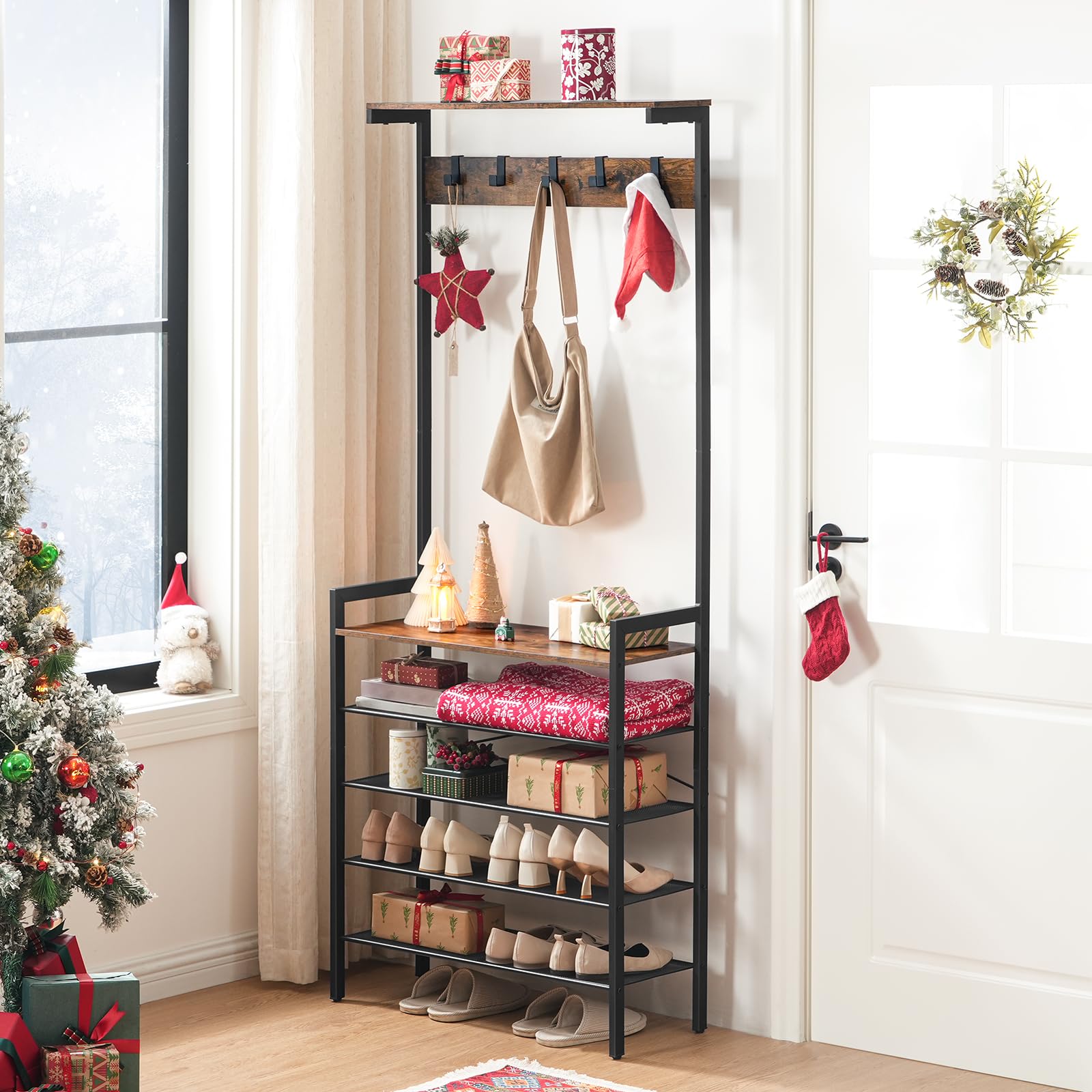 HOOBRO Industrial Hall Tree – Coat Rack with Shoe Storage and 5 Hooks