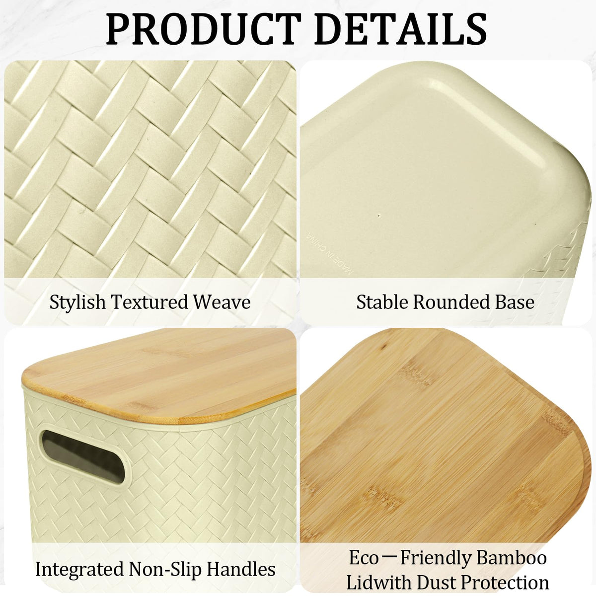 RWFMO 4 Pcs Plastic Beige Storage Baskets with Bamboo Lid for Bathroom - image 3