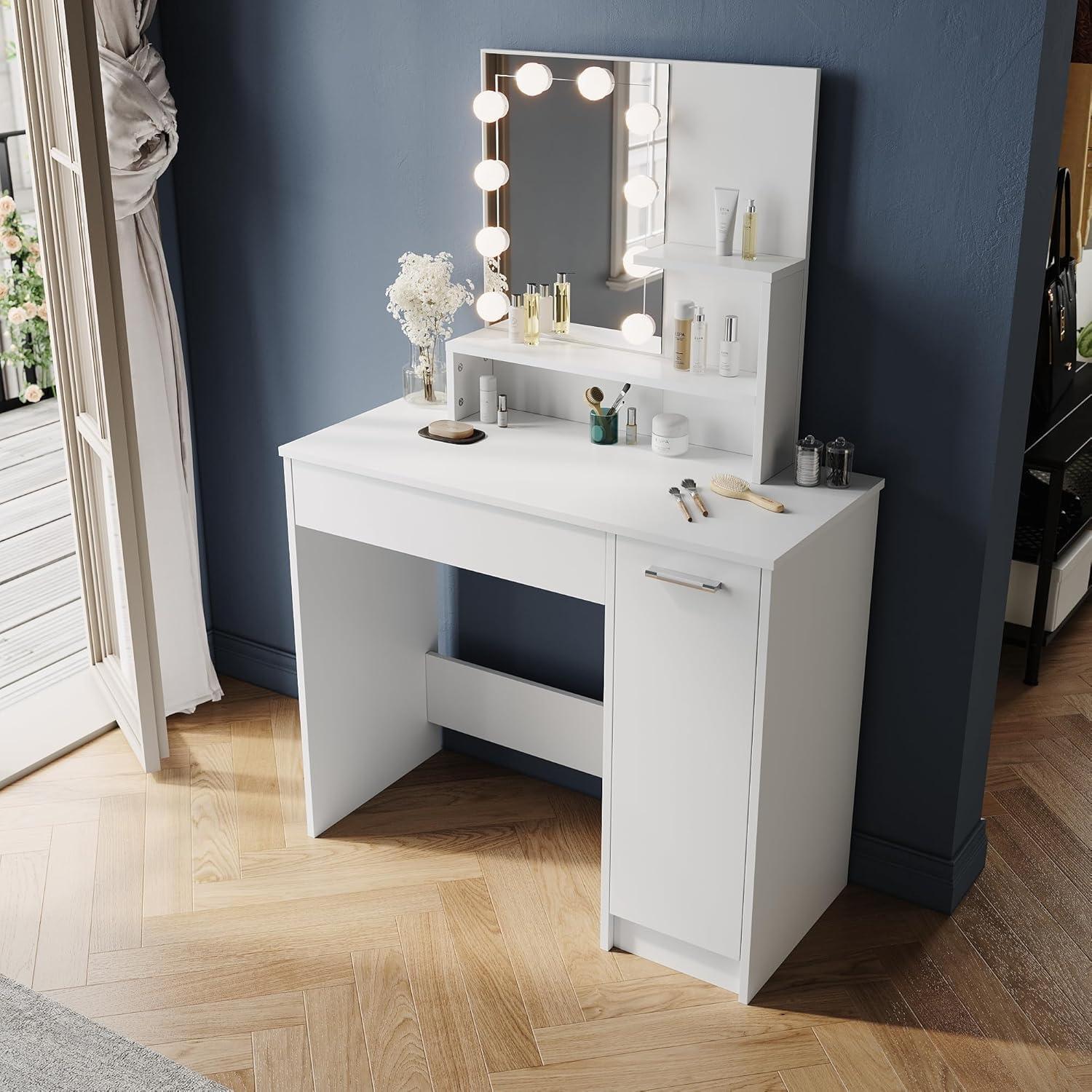 ZANOFIRA Modern Makeup Vanity Table with LED Mirror & Storage – White