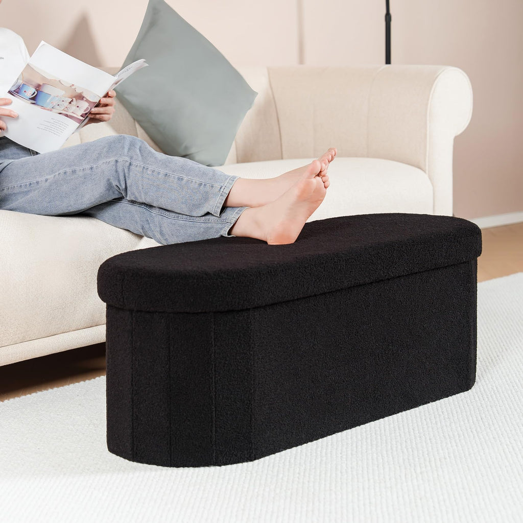 Bonlife Oval Boucle Folding Storage Ottoman Bench - 100L Black