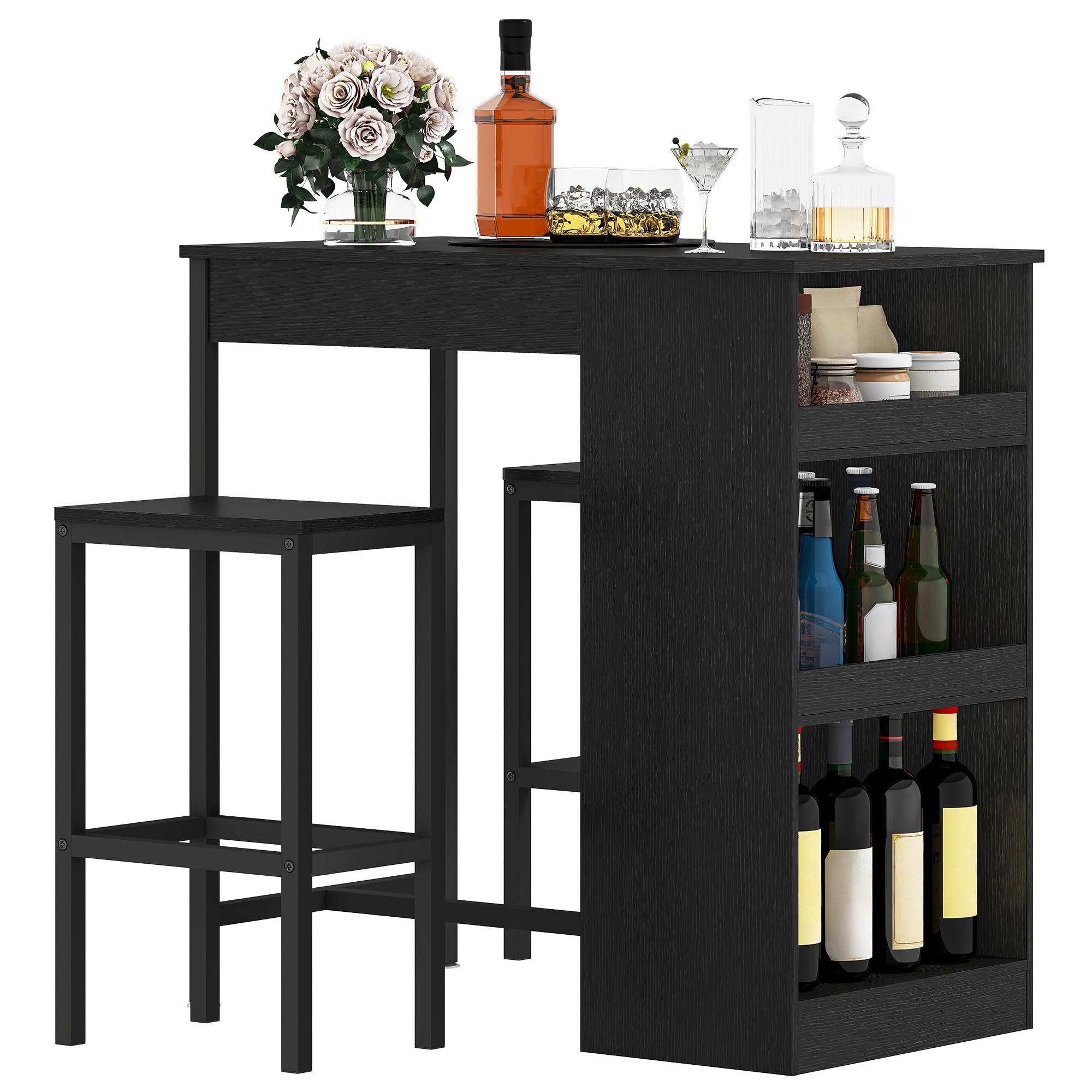 DWVO 3-Piece Industrial Breakfast Bar Table Set with Storage Shelves