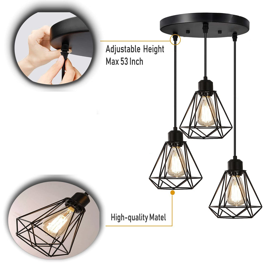 Timi Home Industrial 3-Light Pendant Light | Black Metal Cage Shade