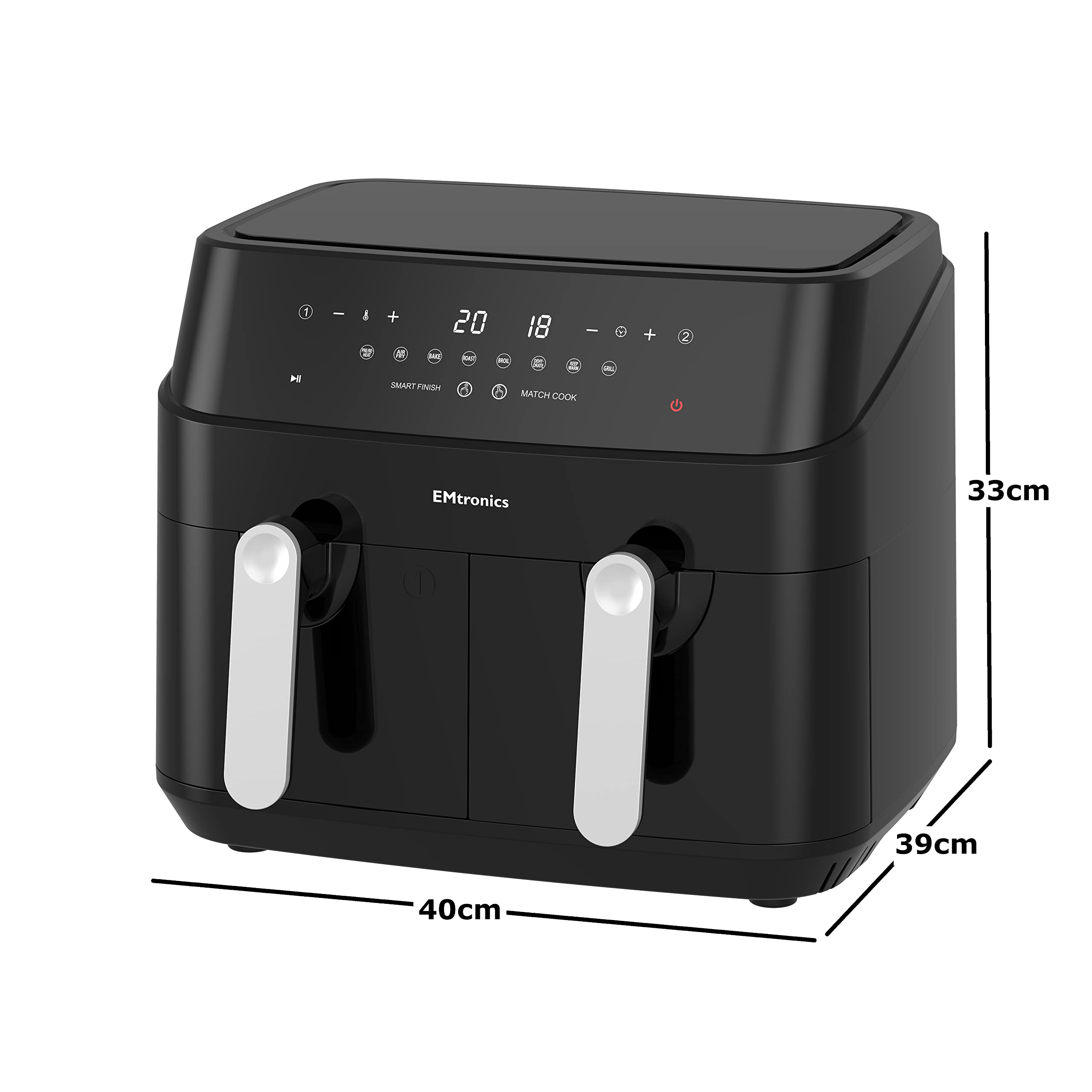 EMtronics Dual Air Fryer | 9L Extra Large Double Basket | 8 Pre-Sets