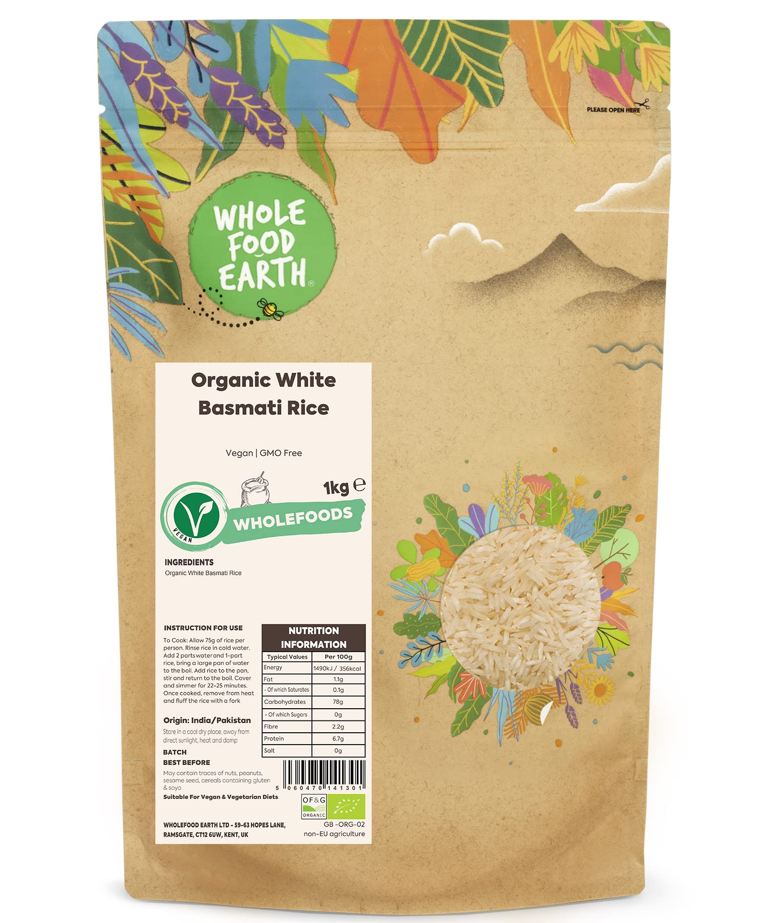 Wholefood Earth Organic White Basmati Rice – Long Grain Vegan 1kg