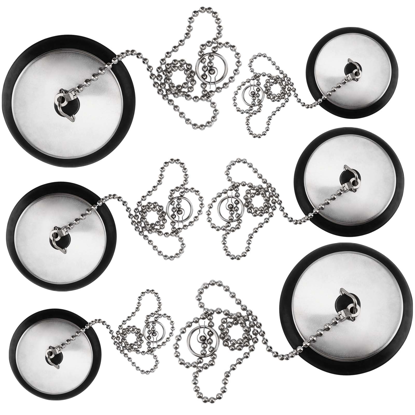 HEIHAK 6-Piece Black Rubber Sink Plug Set with Chain | 40mm 43mm 50mm