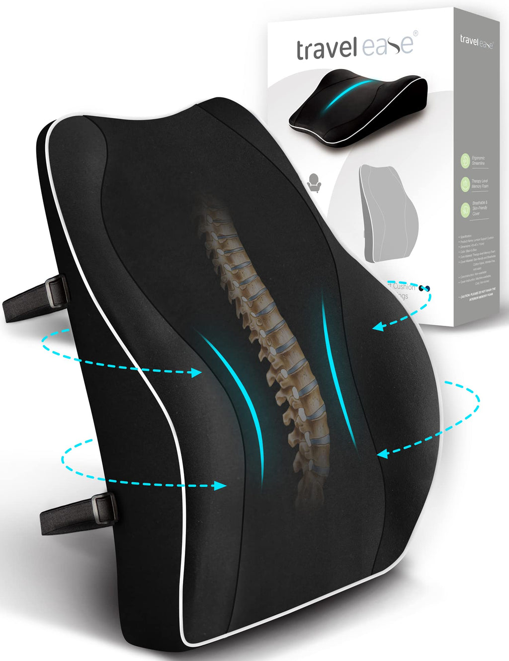 Travel Ease Memory Foam Lumbar Support Cushion for Office Chairs - Black