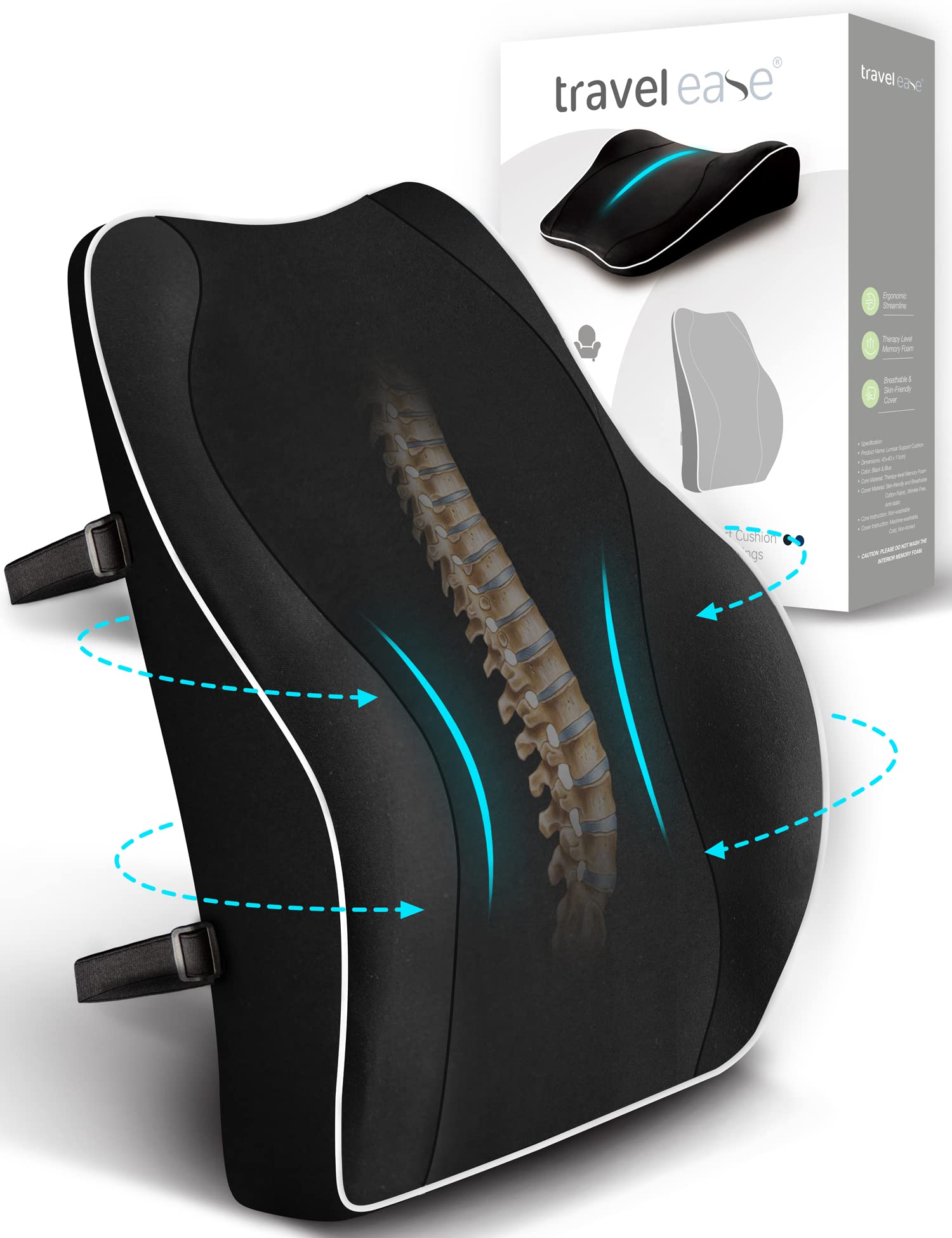 Travel Ease Memory Foam Lumbar Support Cushion for Office Chairs - Black
