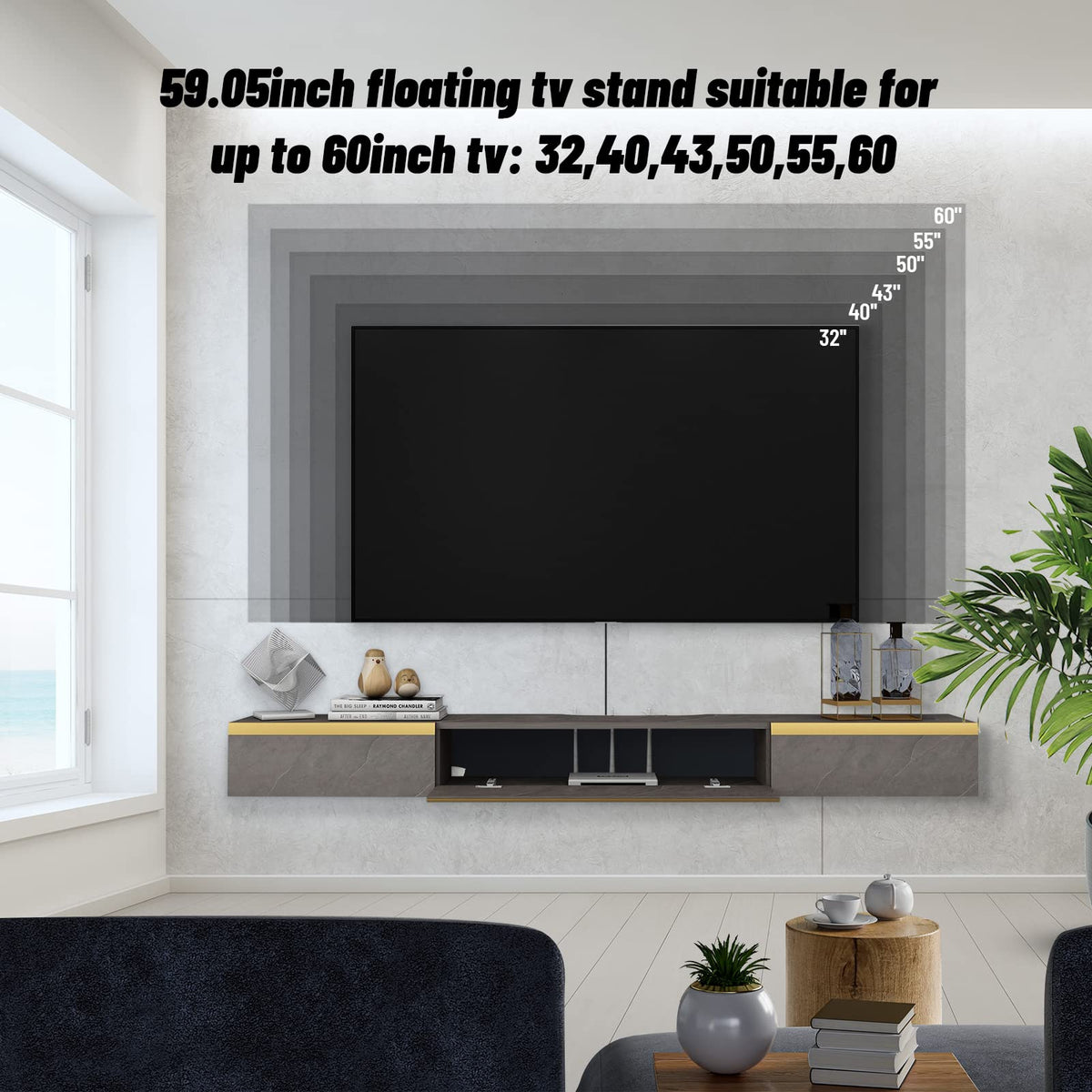 Pmnianhua Floating TV Unit, 59'' Wall Mounted TV Cabinet, Floating Shelves with 2 Drawers and 1 Door - image 5