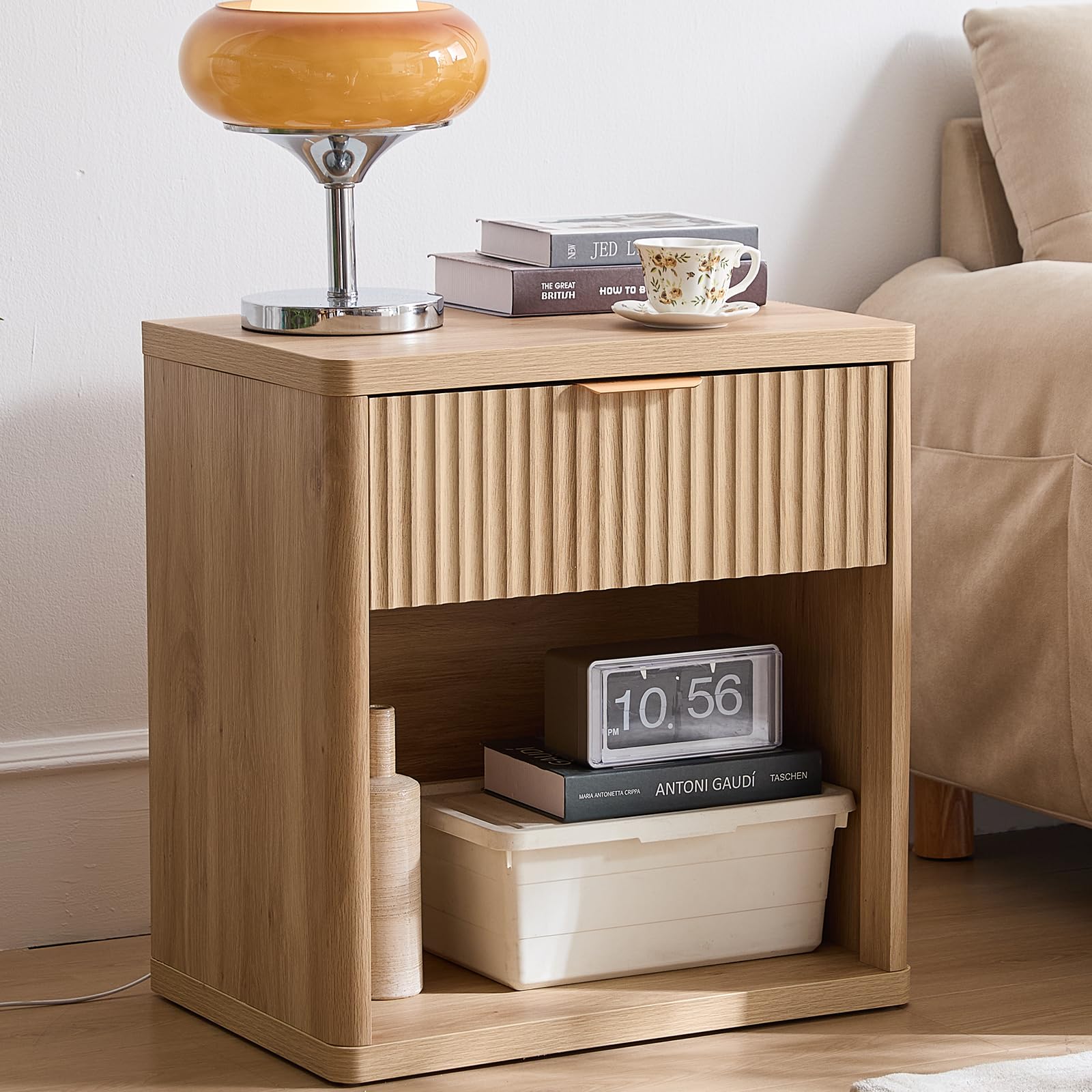 LELELINKY Fluted Nightstand – 23" Farmhouse Wood End Table with Drawer