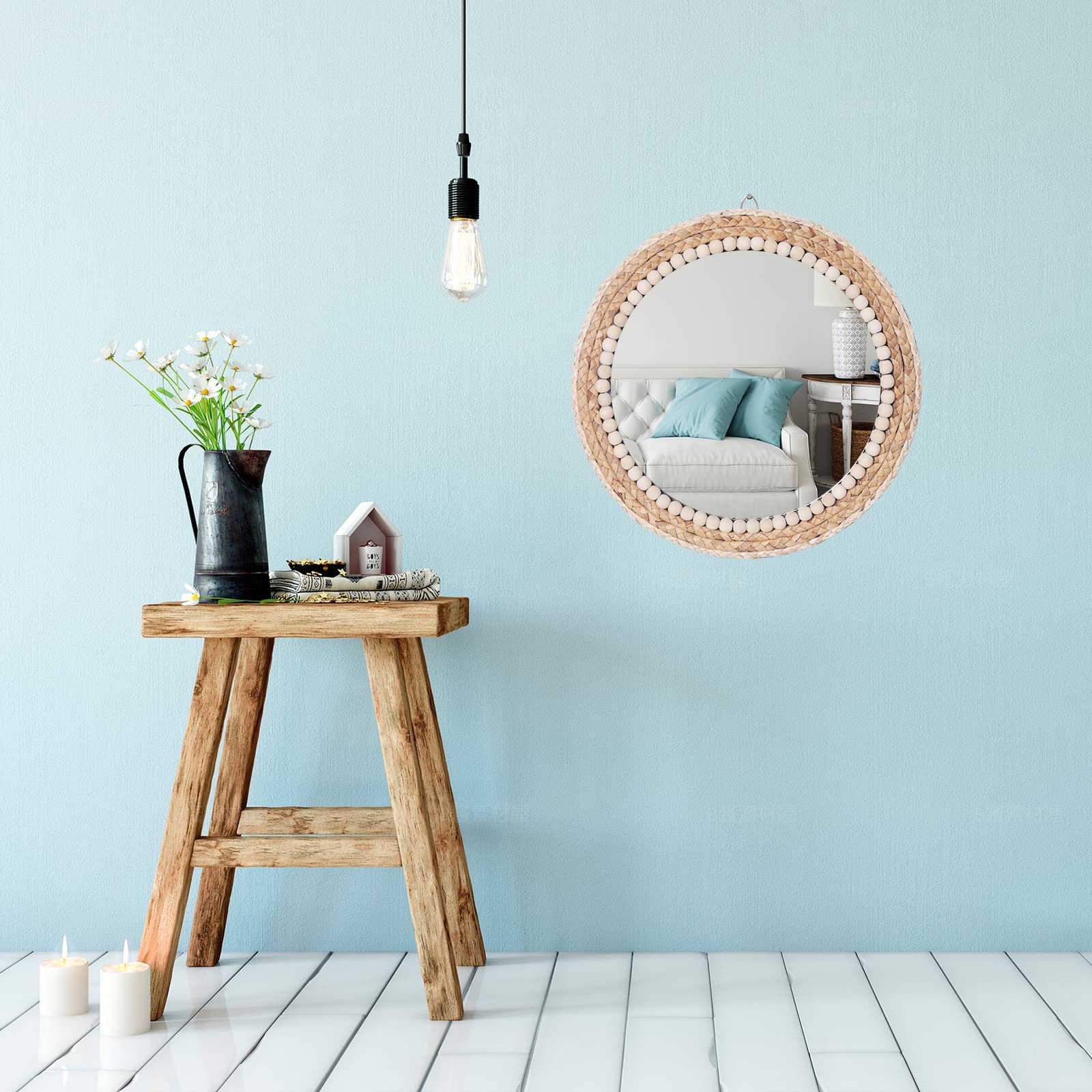 SWTHONY 15 Inch Boho Round Rattan Wall Mirror | Wicker & Wood Bead Decor