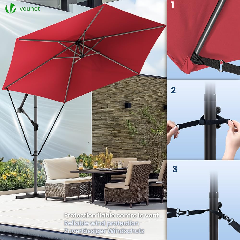 VOUNOT 3m Cantilever Garden Parasol – Red Banana Patio Umbrella