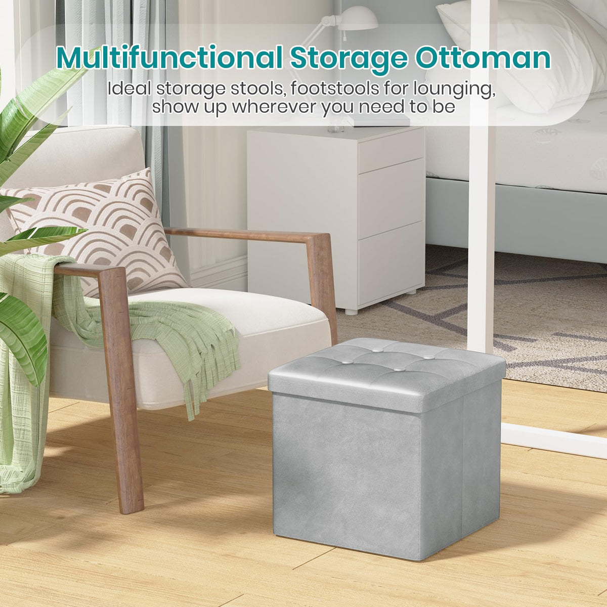 Oak & Tea Storage Ottoman Cube, Foldable Velvet Footstool, Light Grey - image 2