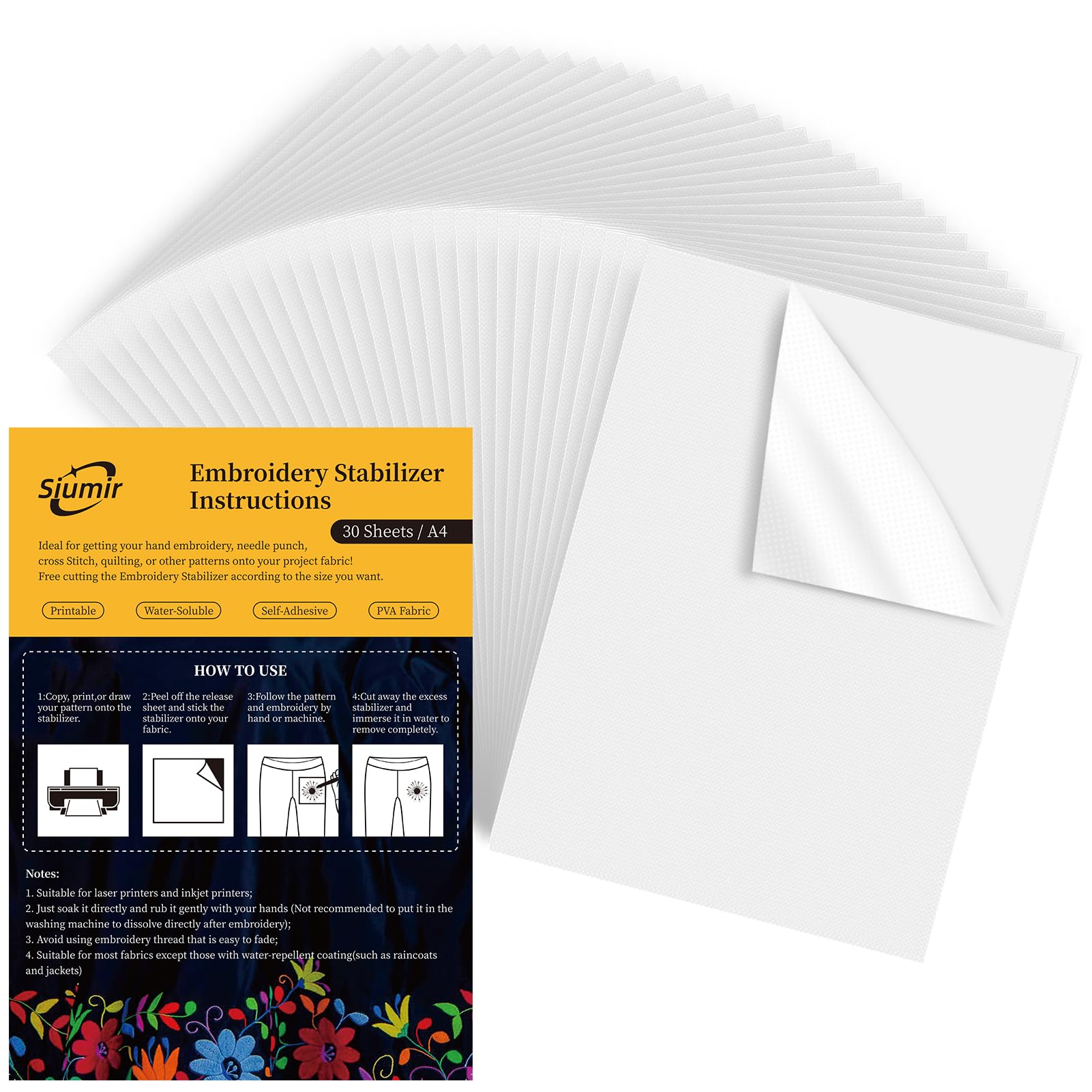 Siumir 30PCS Water Soluble Embroidery Stabilizer – A4 Stick and Stitch Paper