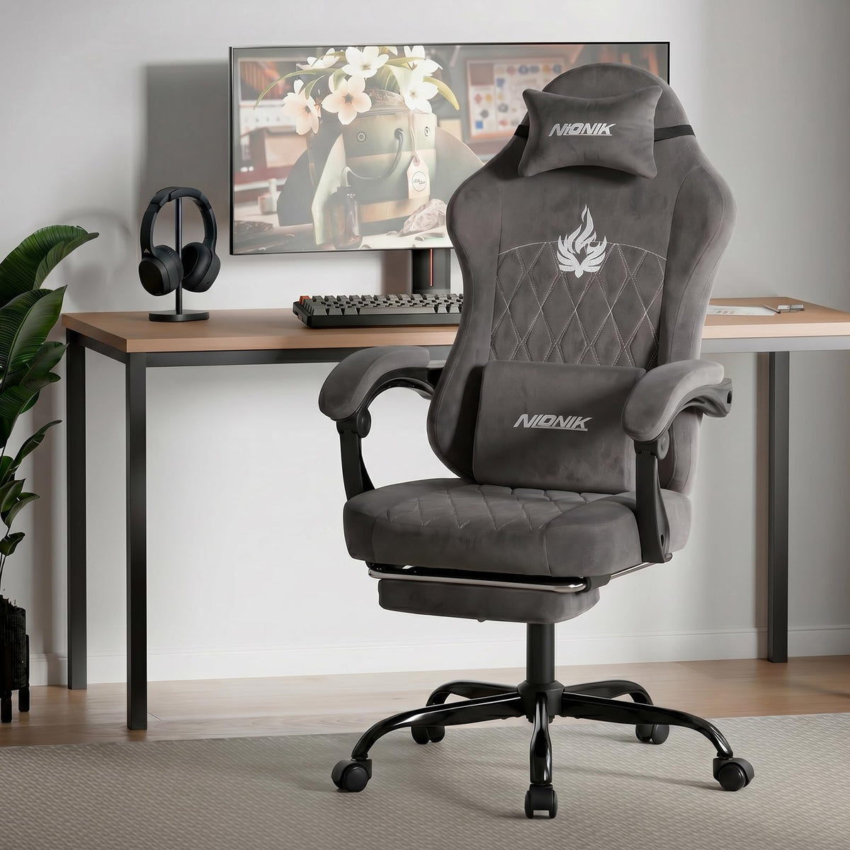 NIONIK Massage Gaming Chair with Footrest, Ergonomic Office Chair with Lumbar Support and Headrest - image 2