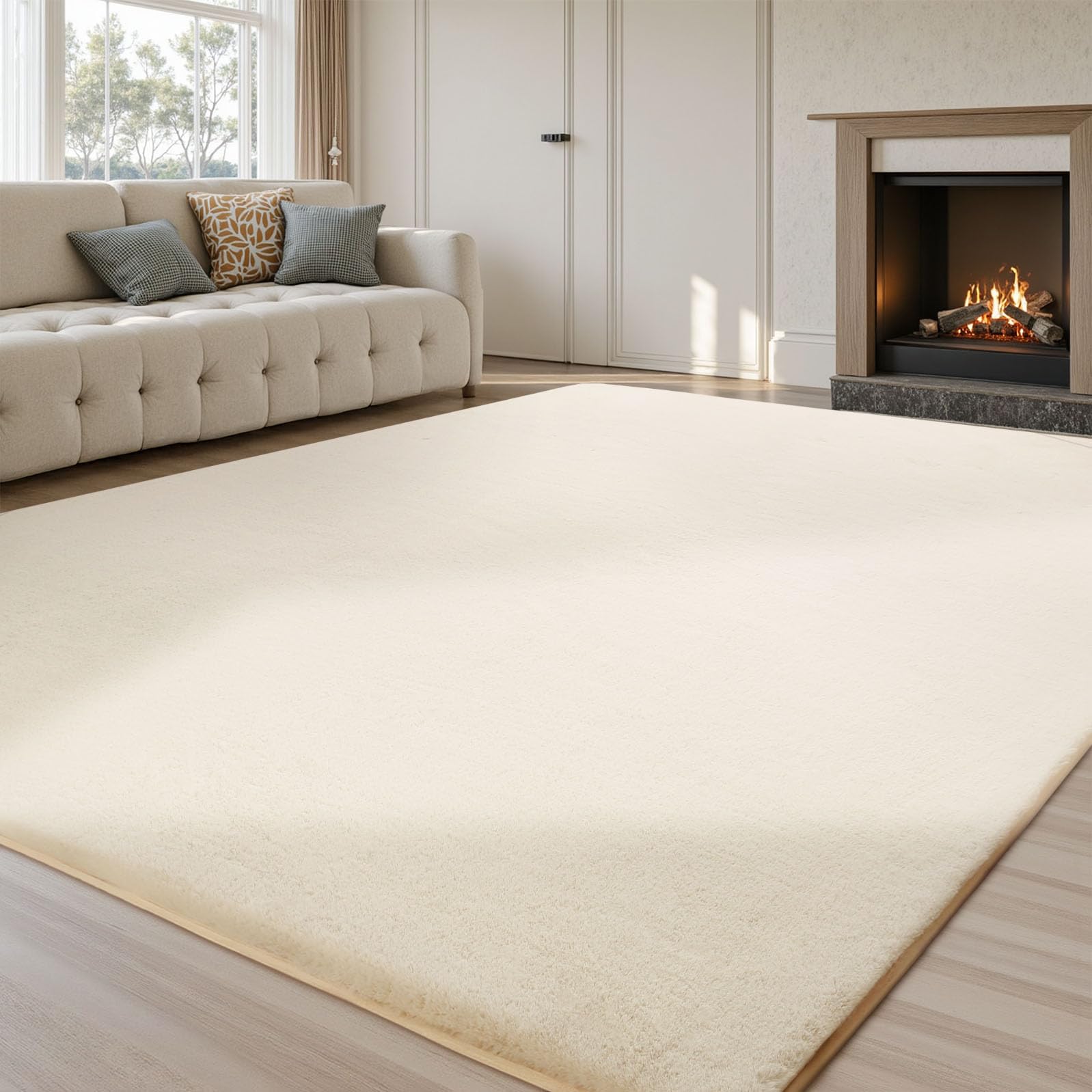 Grey Faux Rabbit Fur Area Rug – Non-Slip Soft Living Room Carpet
