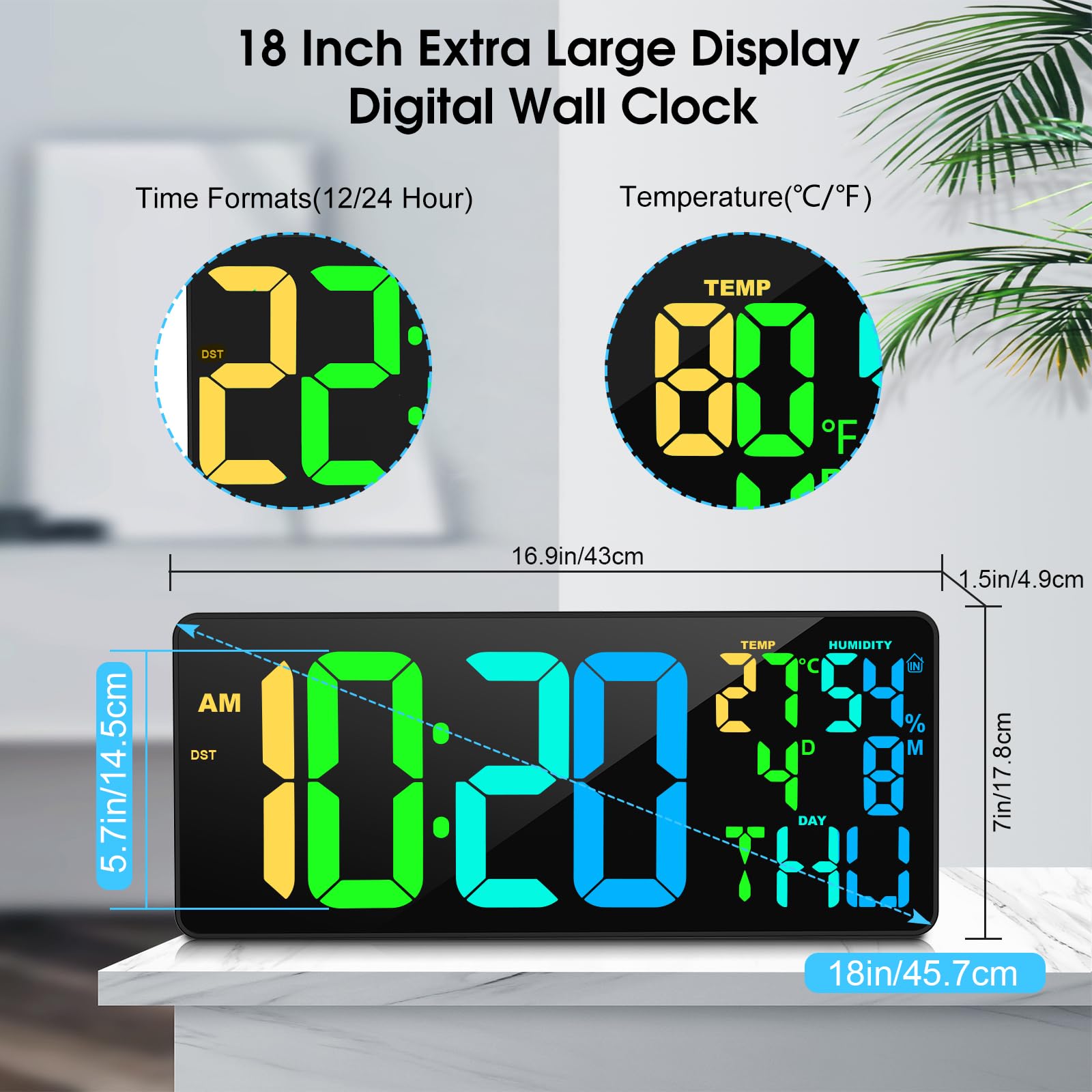 XREXS 18 Inch Digital Wall Clock | 10 RGB Color Changing LED with Remote