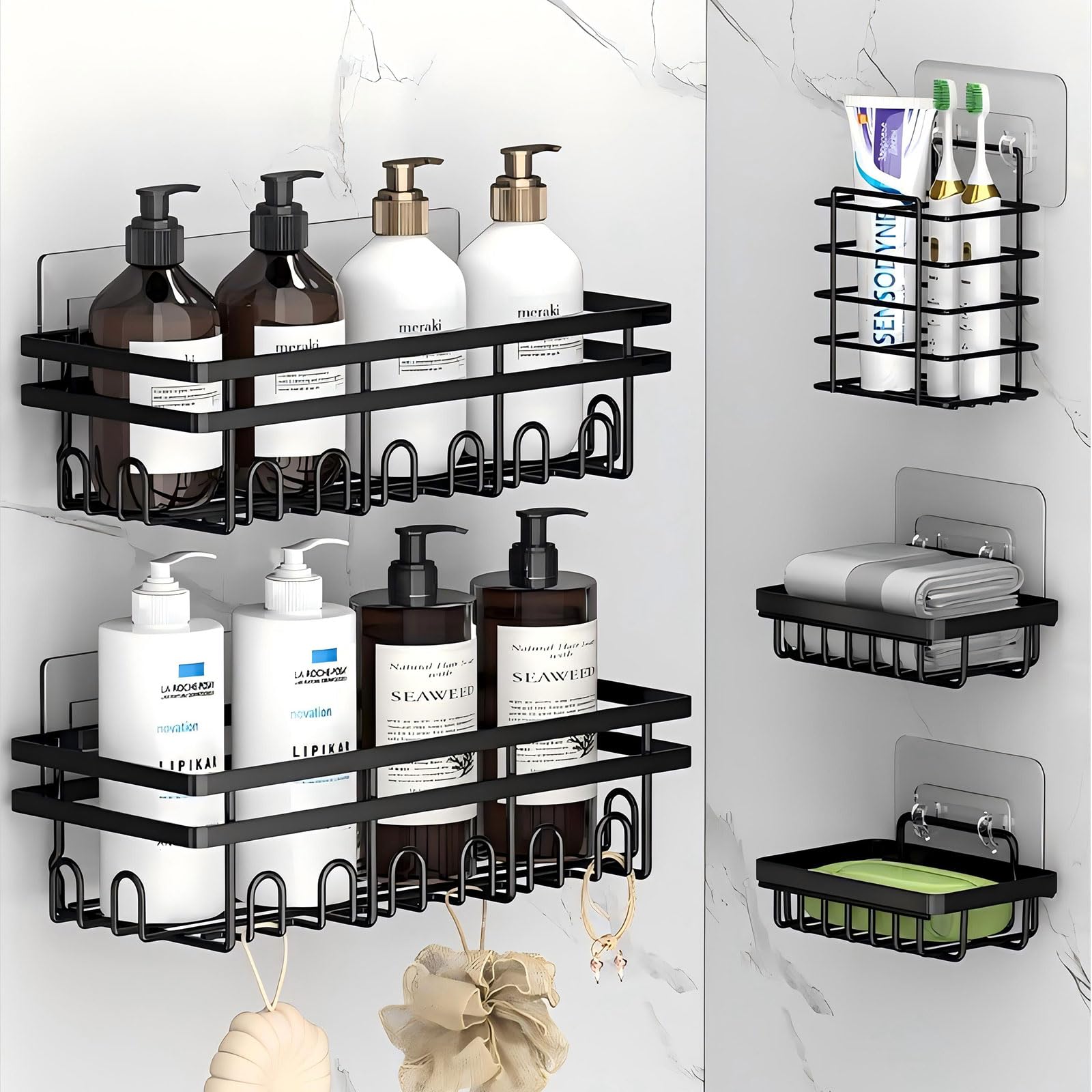 Yhngly 5-Pack Shower Caddy - Adhesive Stainless Steel Bathroom Organizer