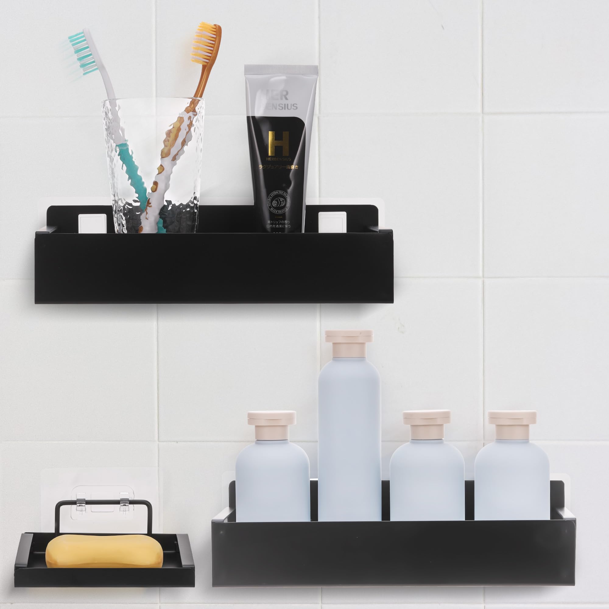 JIZZU 3-Piece Shower Caddy | Rustproof Carbon Steel Adhesive Bathroom Shelf