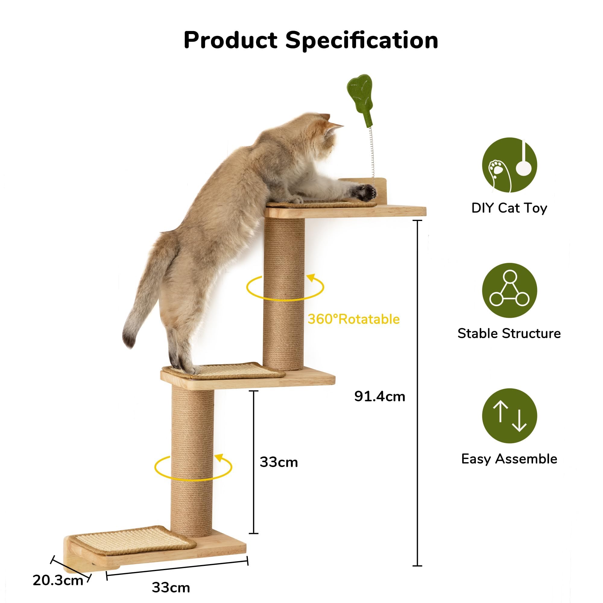 FUKUMARU Wall Mounted Cat Climbing Shelf | Rubber Wood Stair with Jute Post