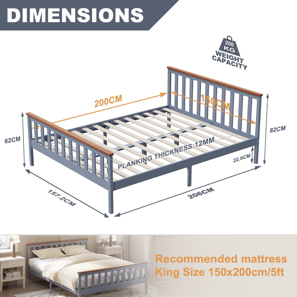 ELEGANT King Solid Wood Bed Frame with Slatted Headboard 5ft, 150x200cm - image 5