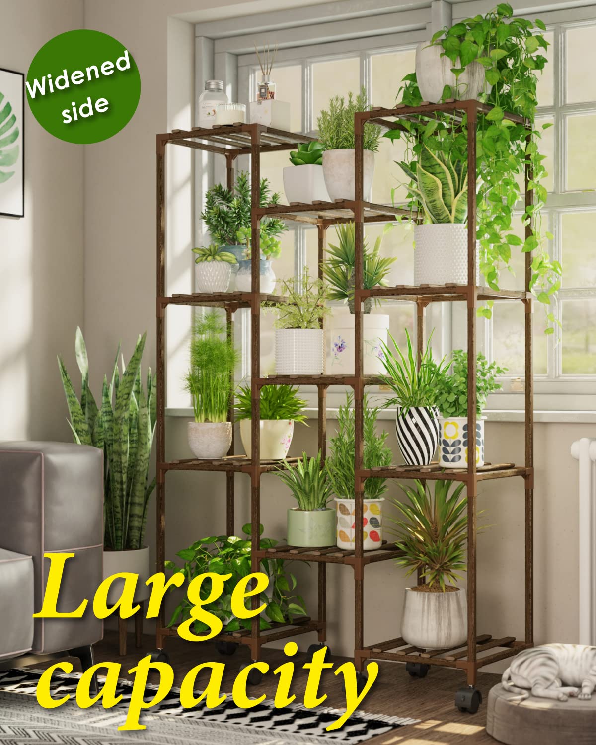Bamworld Rolling Wood Plant Stand – 11 Pots Large Indoor Outdoor Shelf