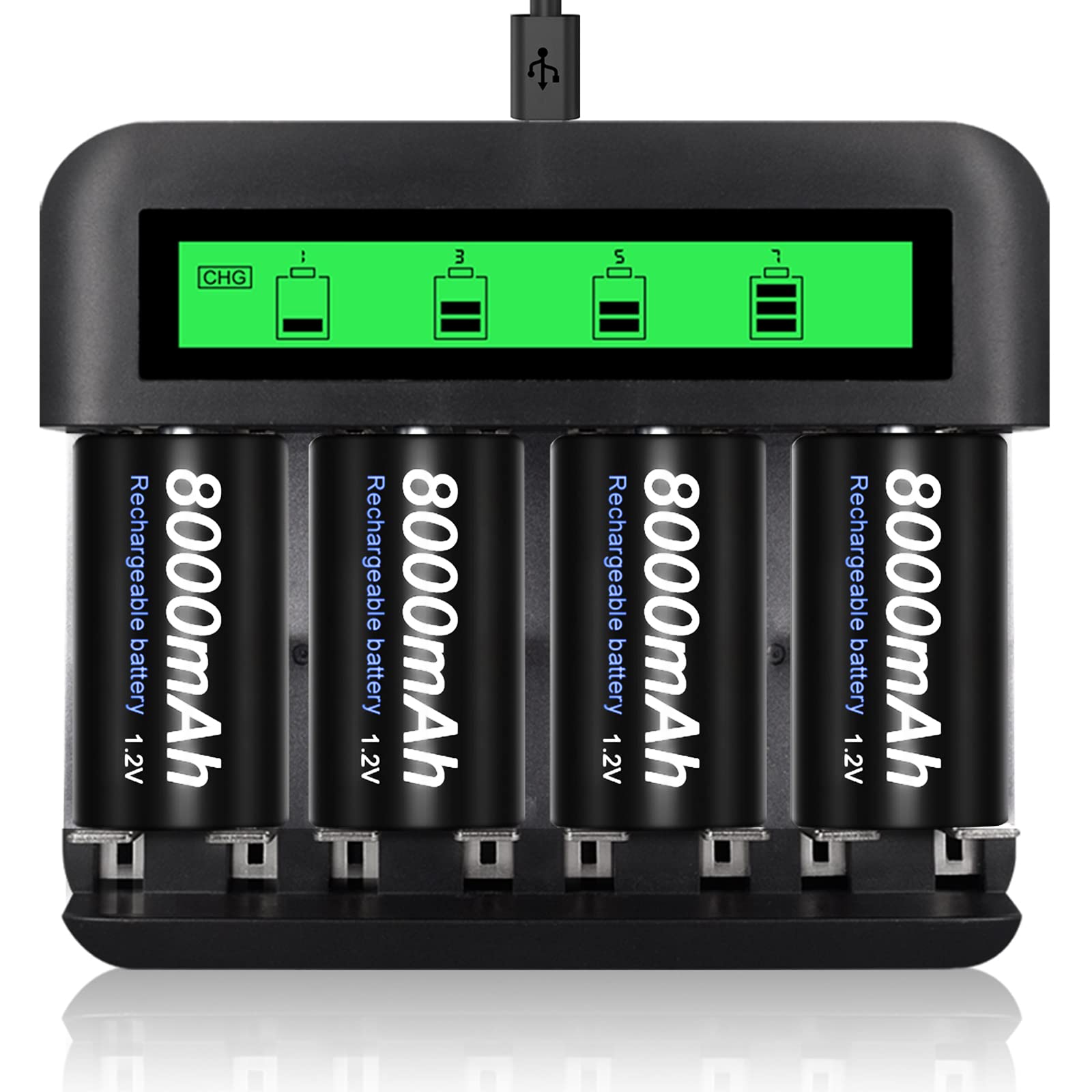 CITYORK 4-Pack D Cell 8000mAh Batteries with 8-Slot Ni-MH Charger