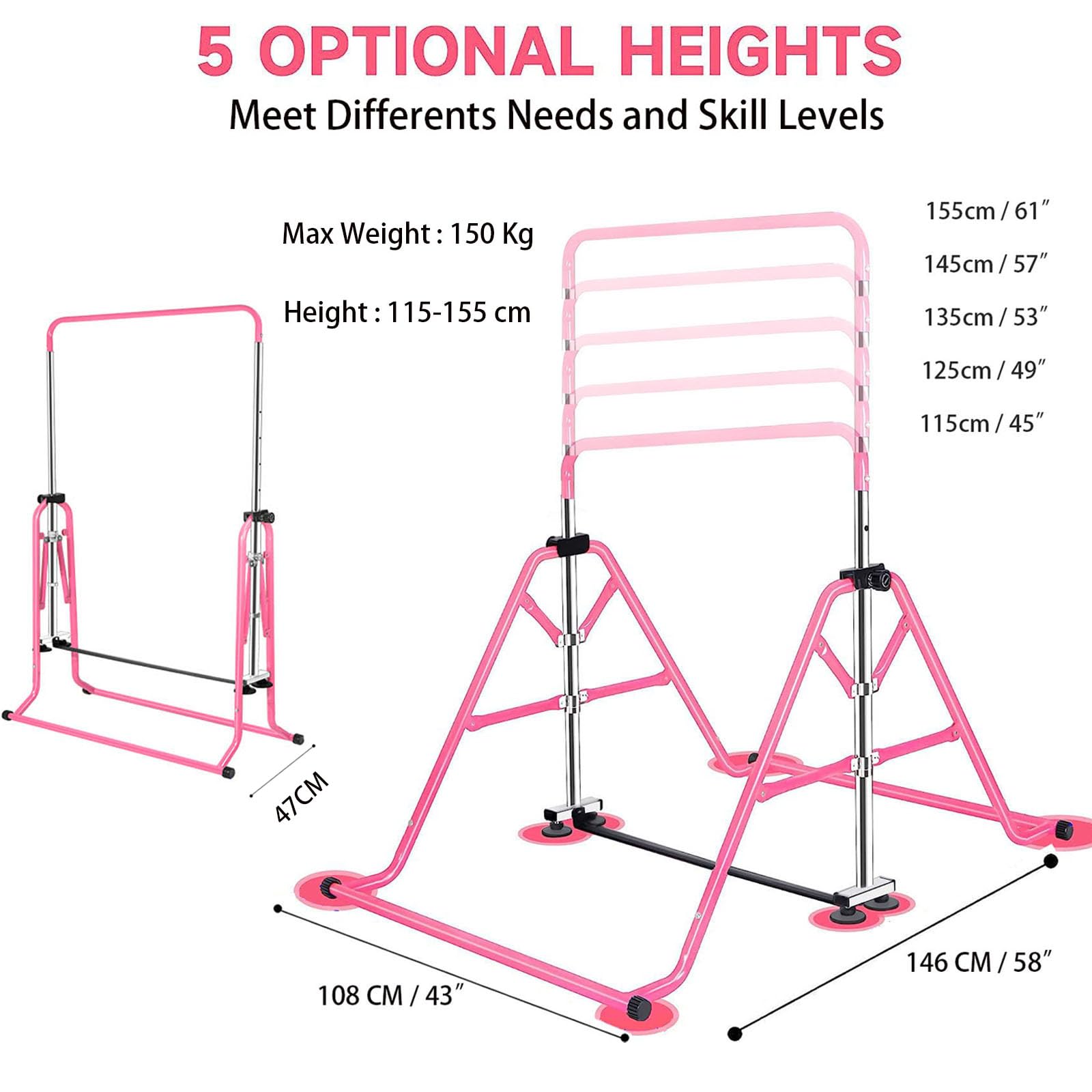 FCOUMY Kids Gymnastics Bar – Folding Adjustable Junior Kip Bar for Home
