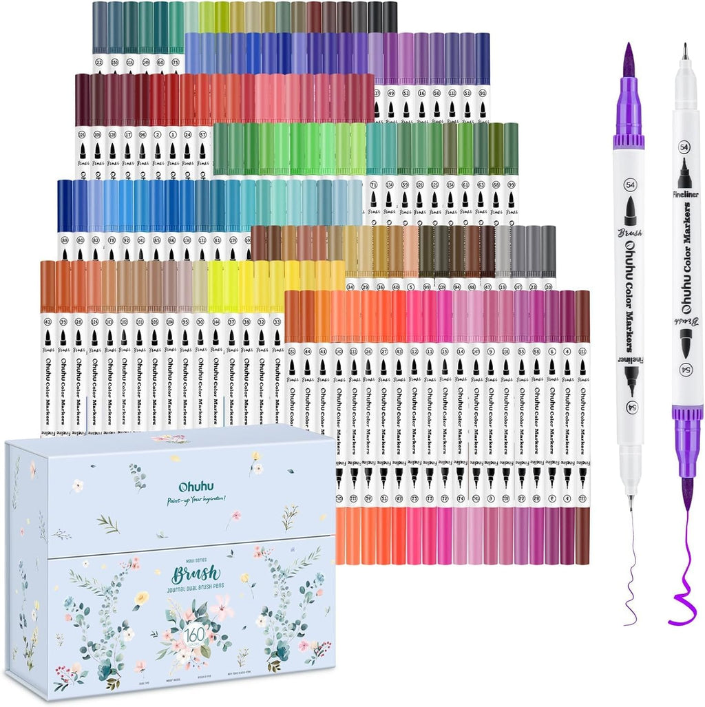 Ohuhu 160 Colours Dual Tip Markers | Fine & Brush Water-Based Art Pens