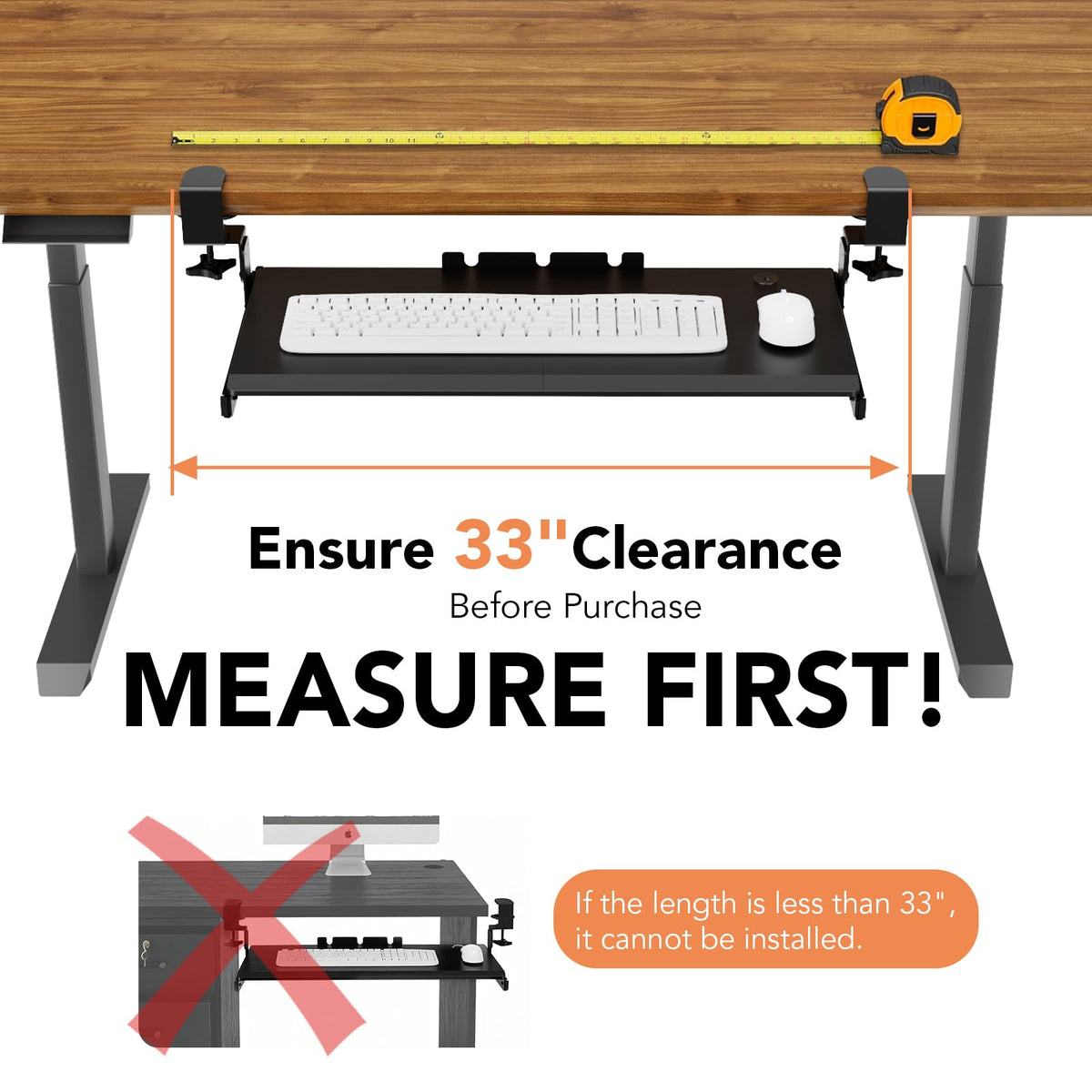 Keyboard Tray Under Desk Pull Out with Extra Sturdy C Clamp Mount System, 693.42 825.5 mm Including Clamps x 279.4 mm Slide-Out Platform Computer