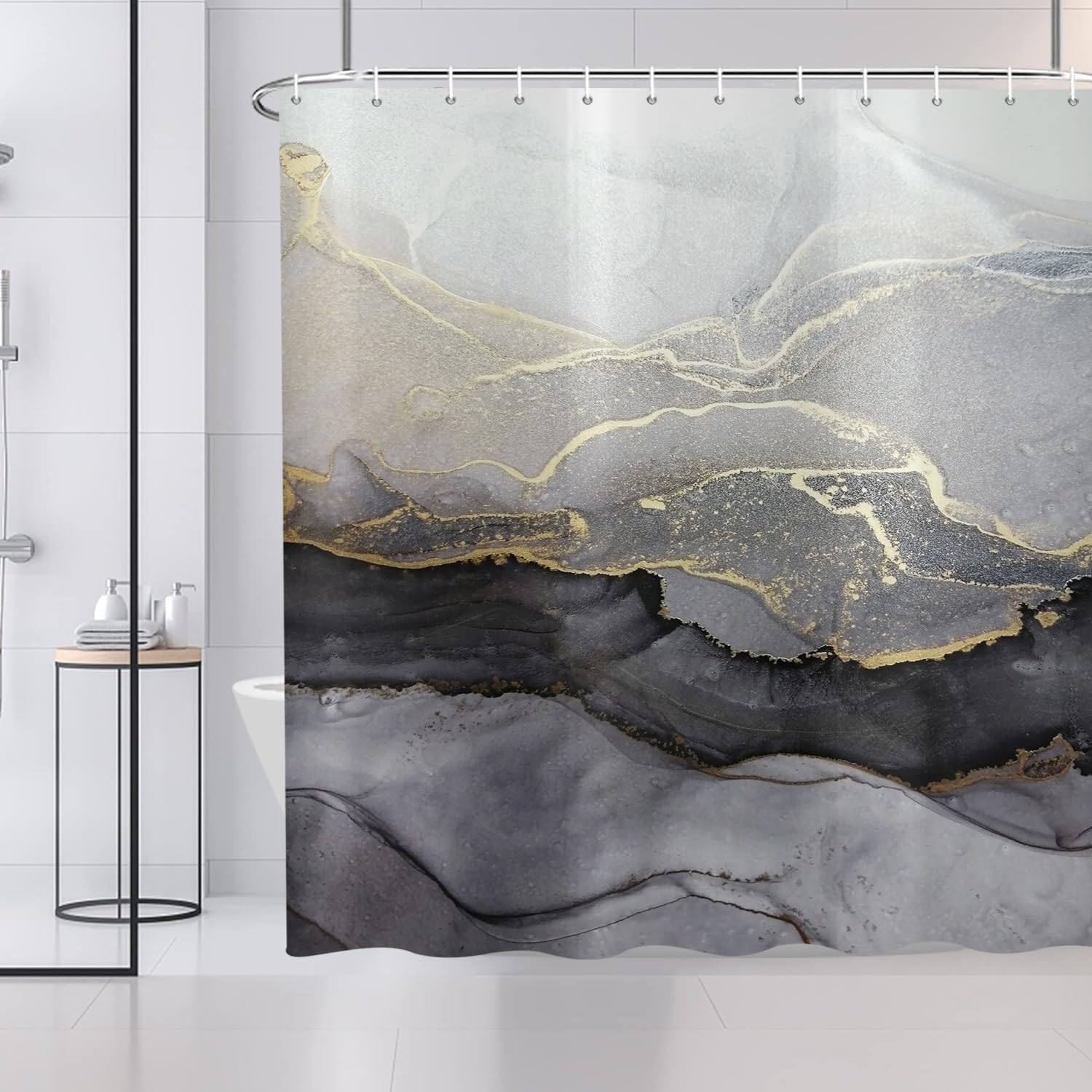 Marble Shower Curtain – Modern Grey & Gold Waterproof Fabric
