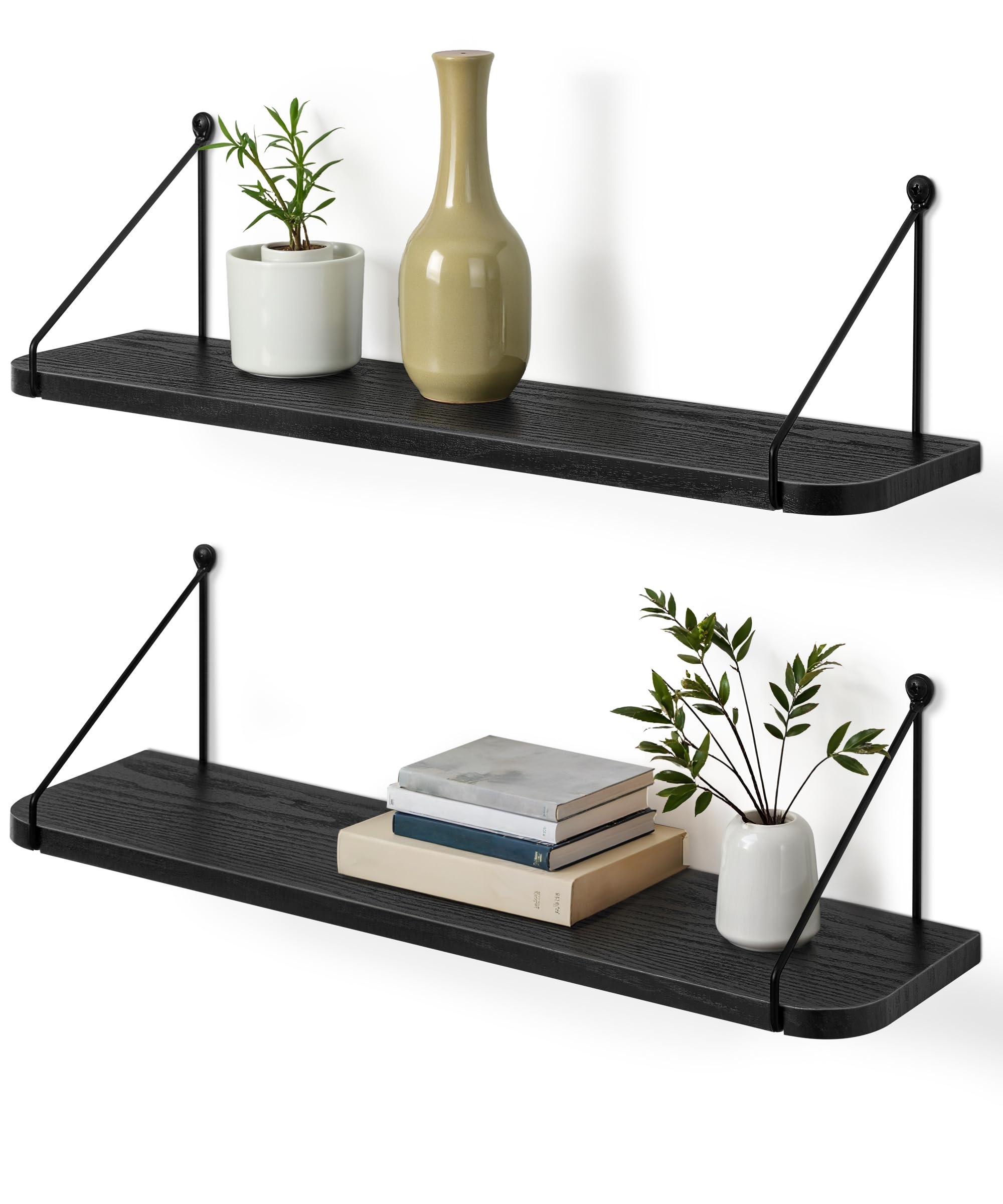 Afuly 24 Inch Black Floating Shelves | Modern MDF Wall Storage - Set of 2