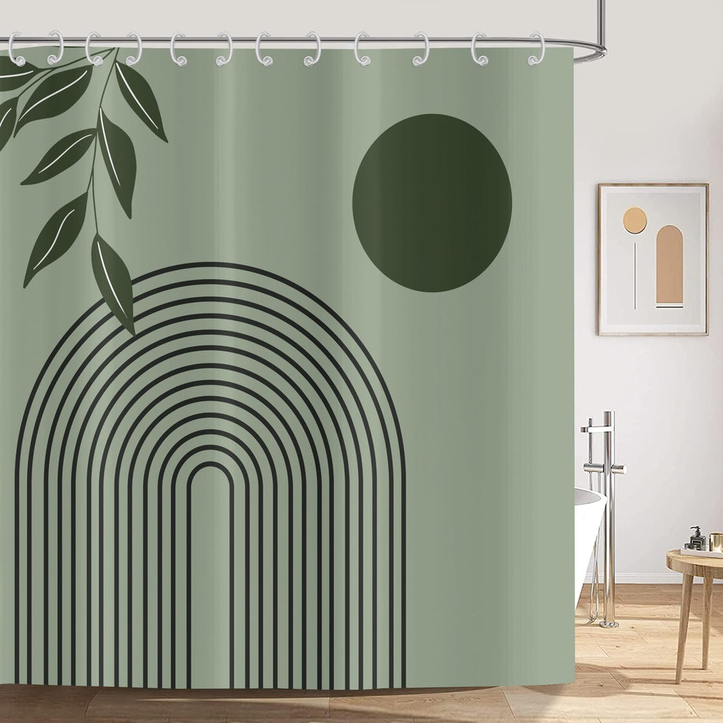 ASDCXZ Boho Shower Curtain 180x180 cm, Modern Abstract Art Green Leaves Sun Line Sage Green Bath Washable Shower Curtains Polyester Textile - image 2