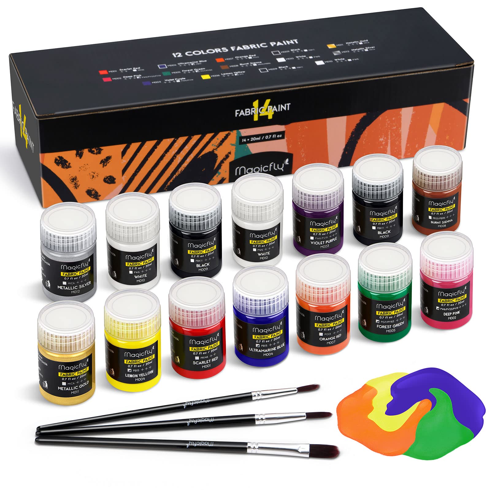 Magicfly Permanent Fabric Paint Set - 14 Washable Textile Colors & 3 Brushes