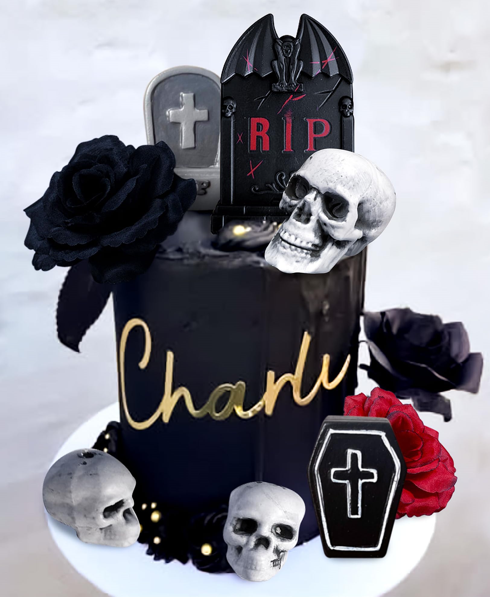 JeVenis Black and Red Gothic Rose Cake Toppers - RIP Birthday Decorations