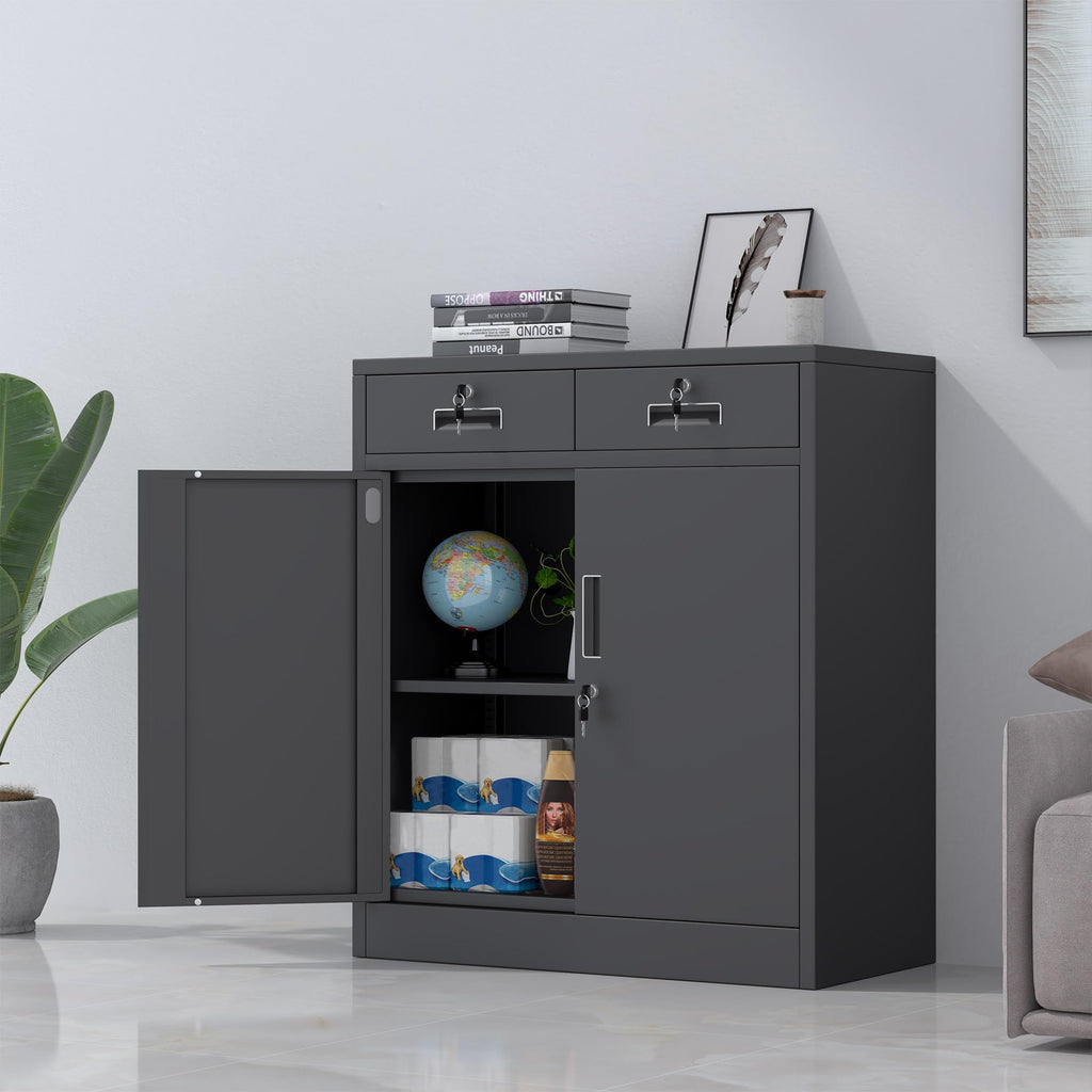 JINGUR Metal Storage Cupboard with Locking Doors and 2 Drawers Black - image 2