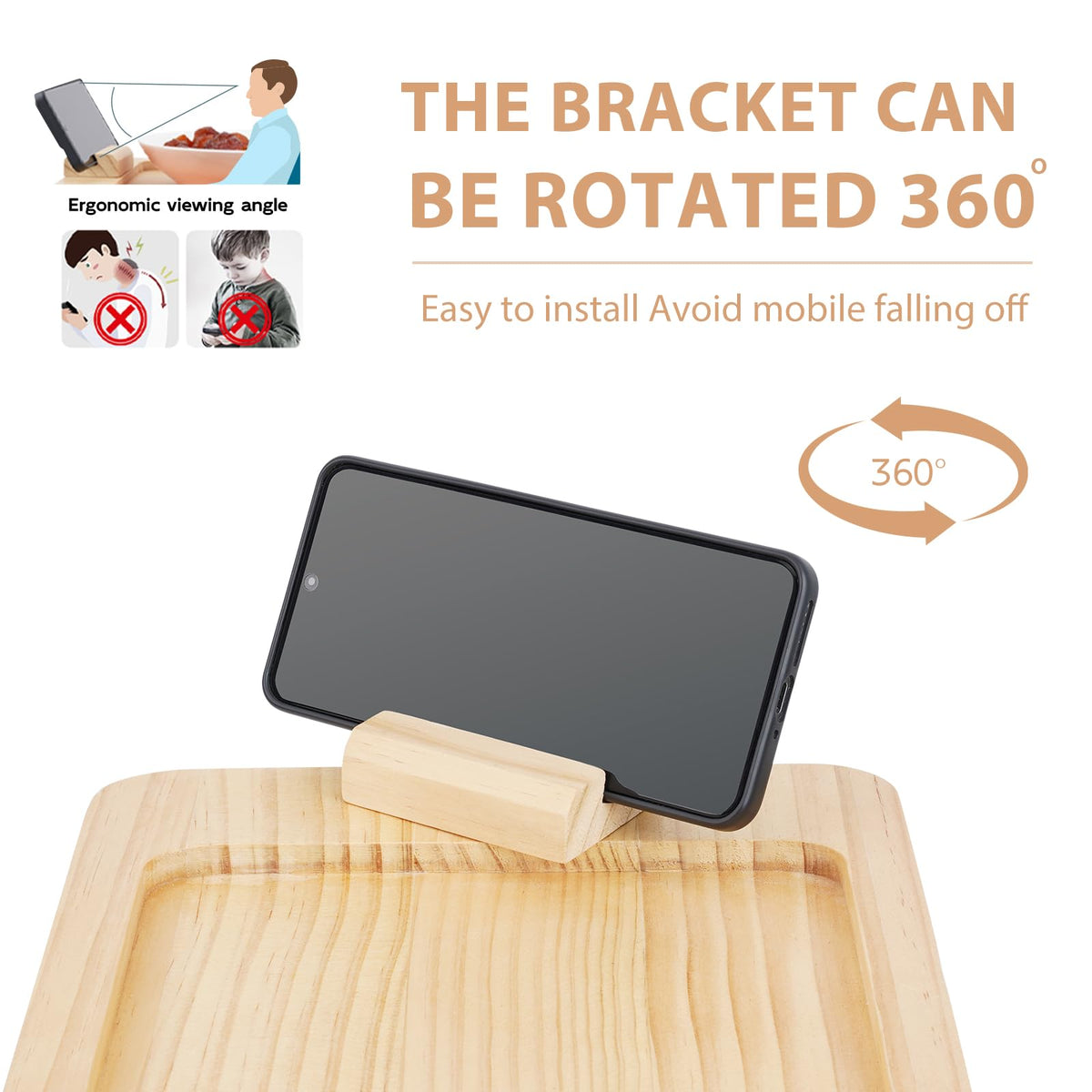 Natural Pine Sofa Armrest Tray,Drink Holder Arm with 360° Rotating Phone Stand. Holds Cups, Phones, Snacks, etc. Foldable & Clip-on Design - image 3