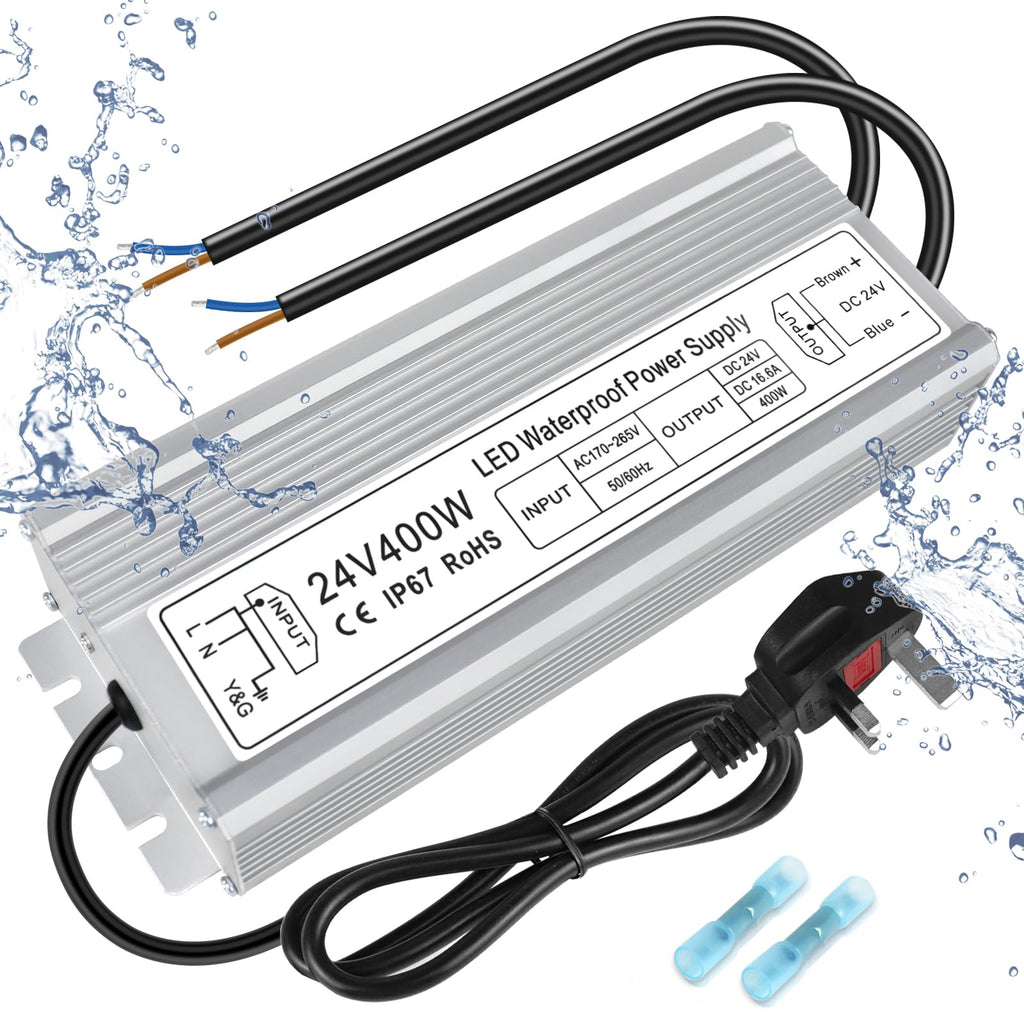 inShareplus 24V 400W LED Power Supply – IP67 Waterproof Outdoor Transformer