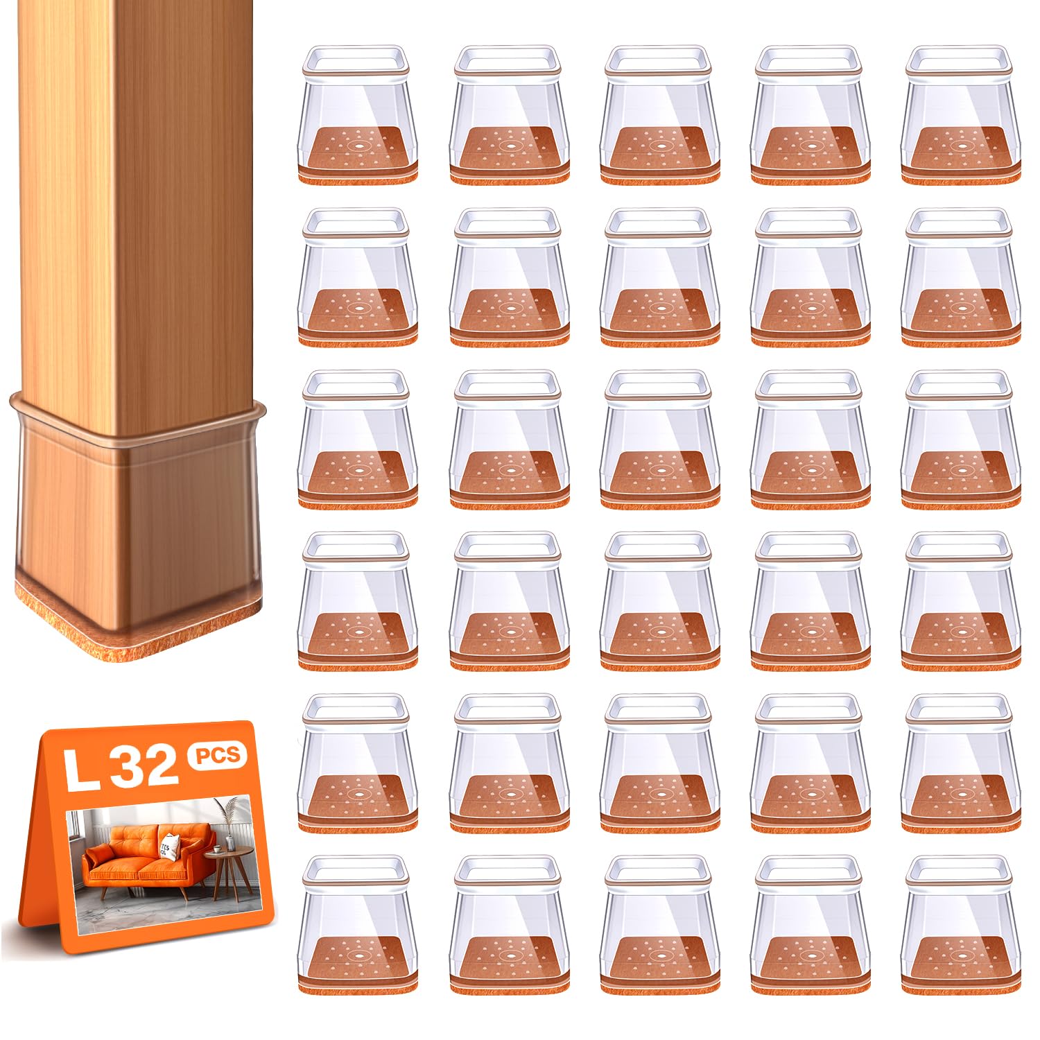 32 Pcs Square Chair Leg Floor Protectors | Clear Silicone