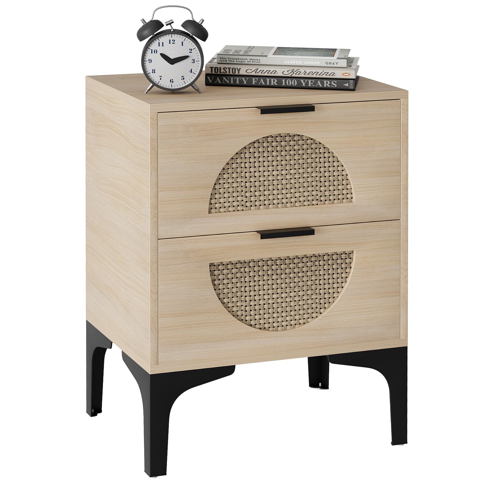 Huhote Boho Wood Nightstand – Side Table with 2 Rattan Drawers