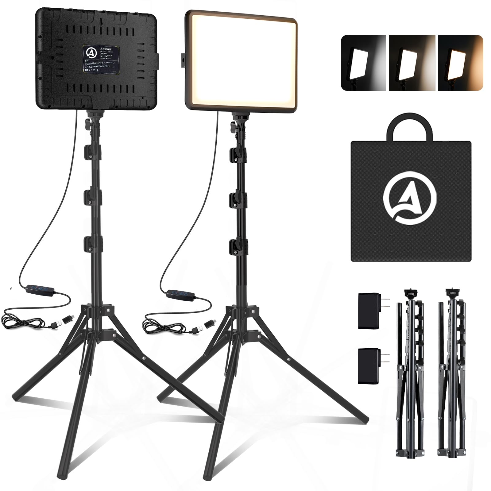 Arsoer 2-Pack LED Studio Video Light – Dimmable Photography Lighting Kit