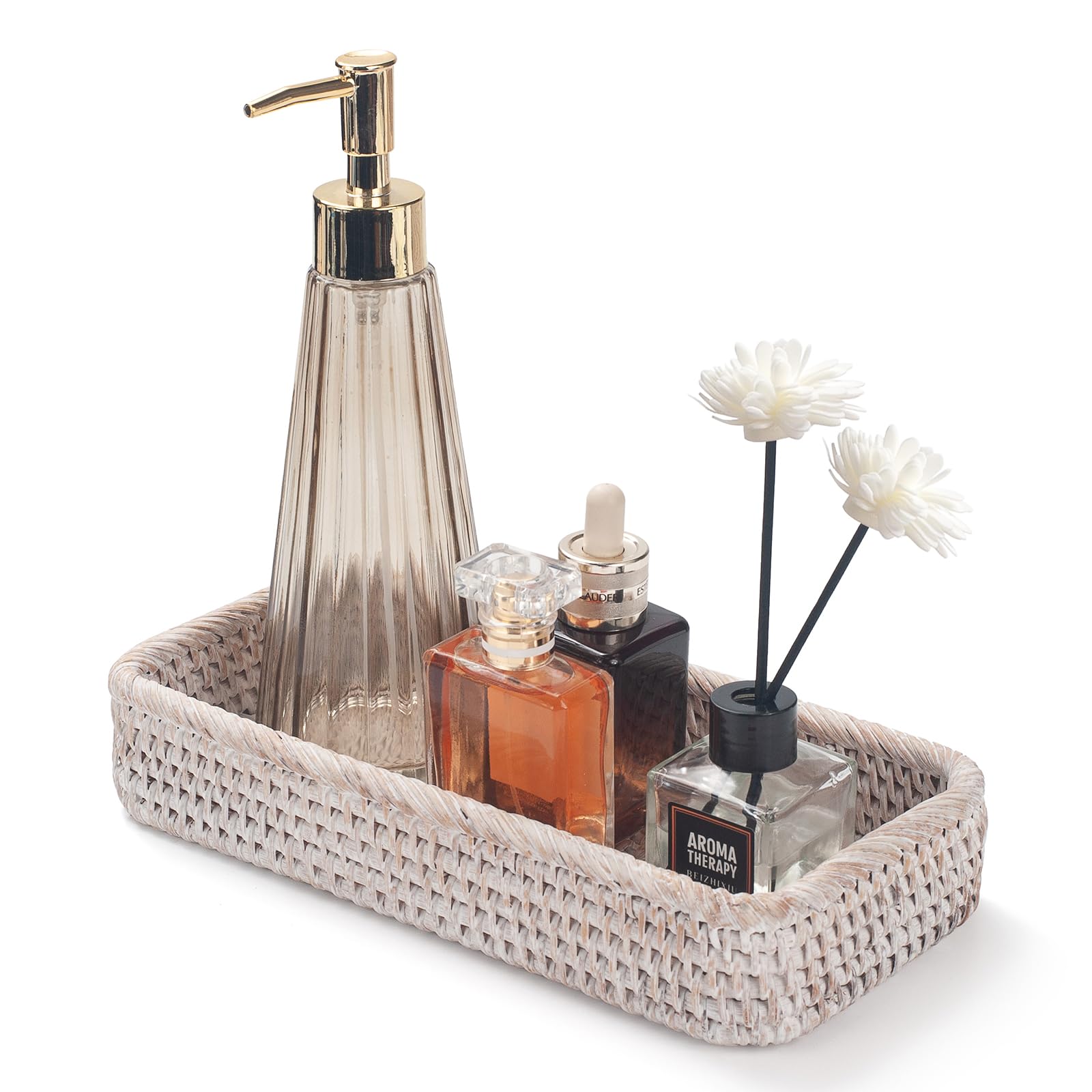 Rattan Bathroom Vanity Tray – Woven Toilet Tank Basket, Whitewash