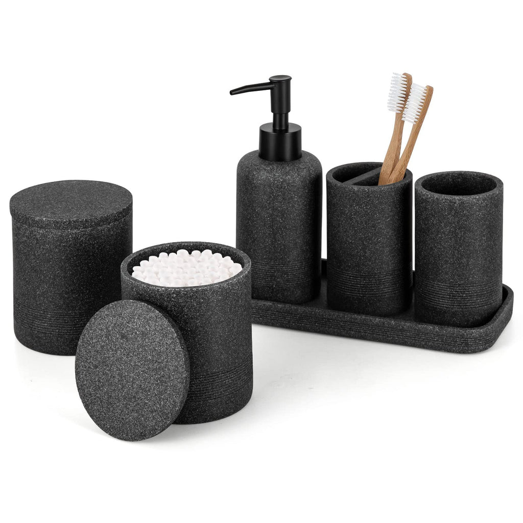 zccz 6-Piece Black Bathroom Accessory Set – Modern Stone Textured Resin