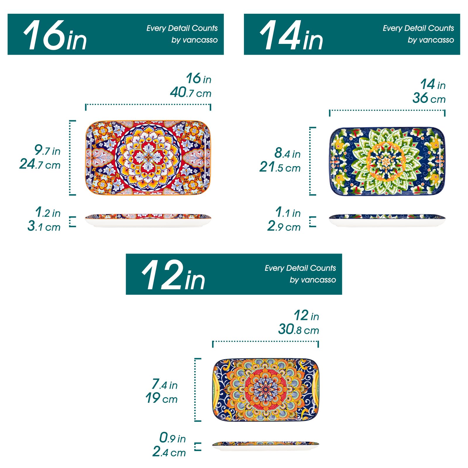 vancasso SIMI02 Porcelain Serving Platter Set | 3-Piece Rectangle Dishes