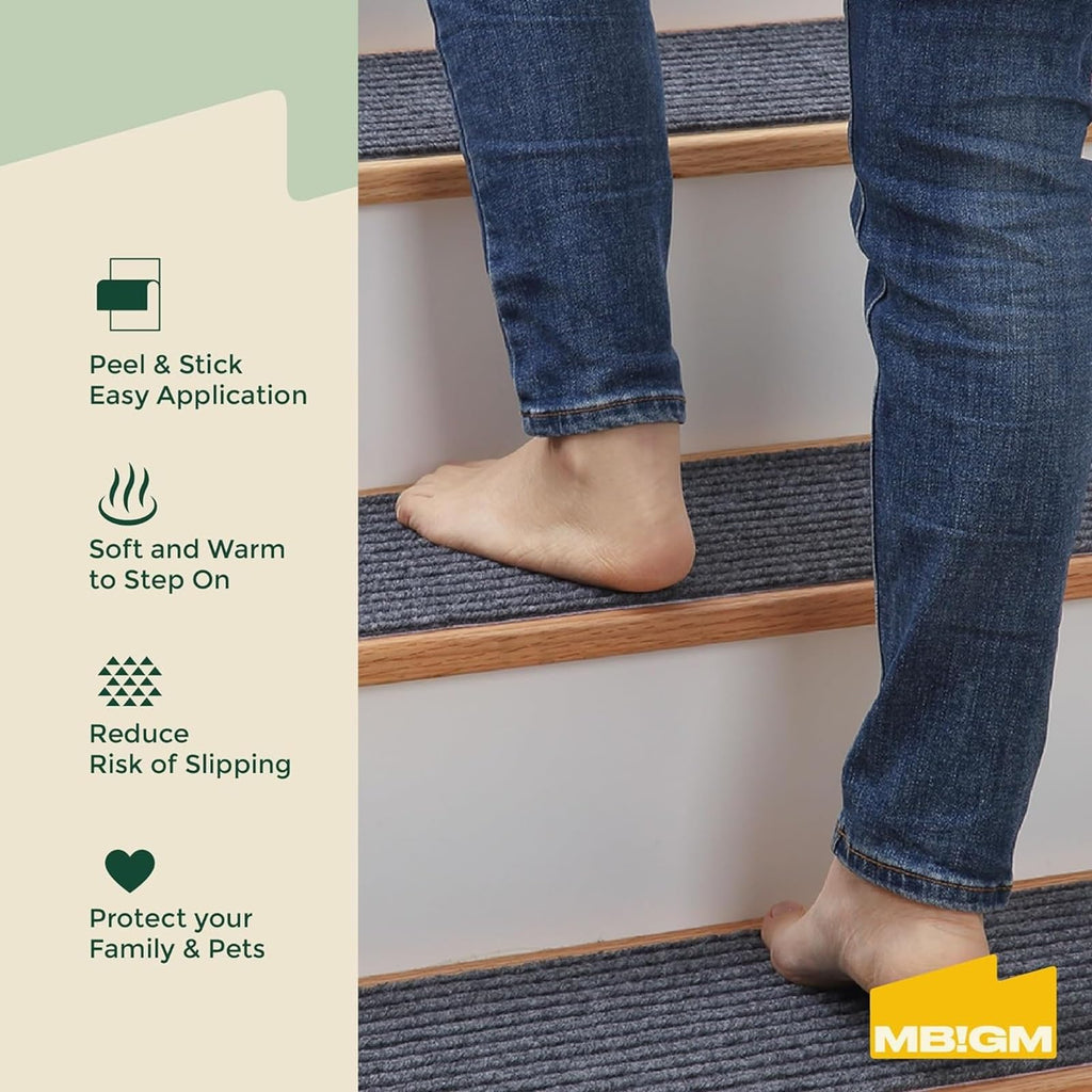 MBIGM Non-Slip Carpet Stair Treads | 15 Pack Grey Safety Rugs | 8" x 25.6"