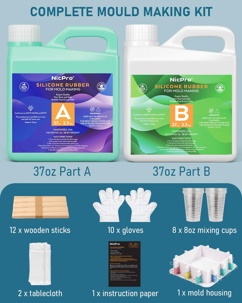 Nicpro 74oz Silicone Mold Making Kit – Platinum Liquid Rubber, Jade Green