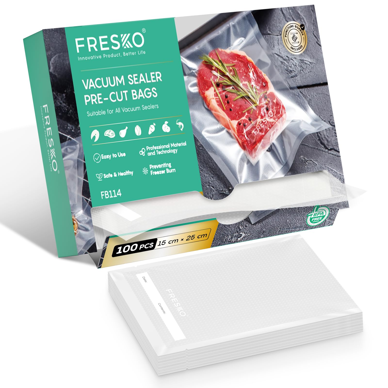 FRESKO Vacuum Sealer Bags – 15x25cm Embossed Pre-Cut Bags, 100 Count