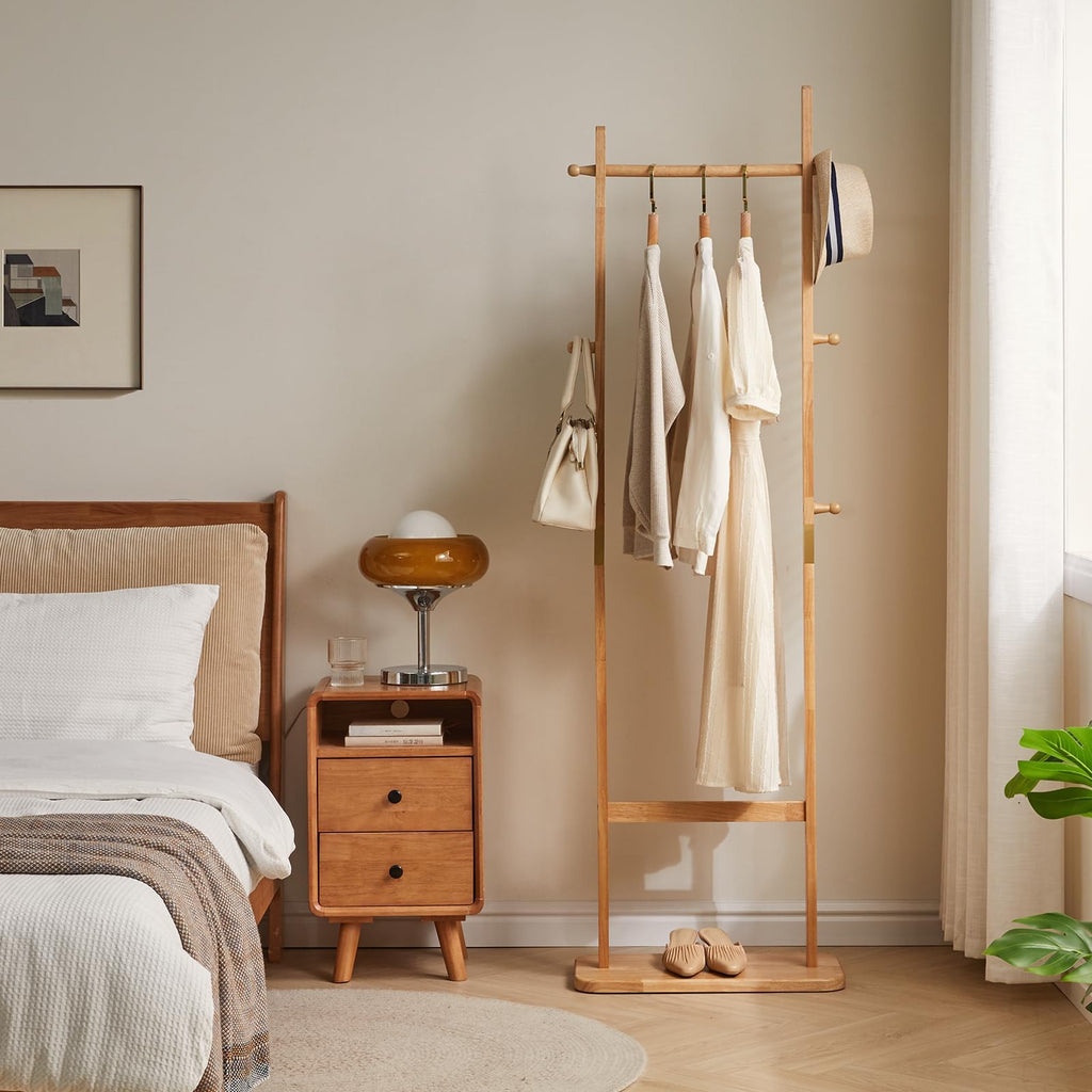 Aibiju 180cm Wooden Free Standing Coat Rack with 5 Hooks - Natural Wood