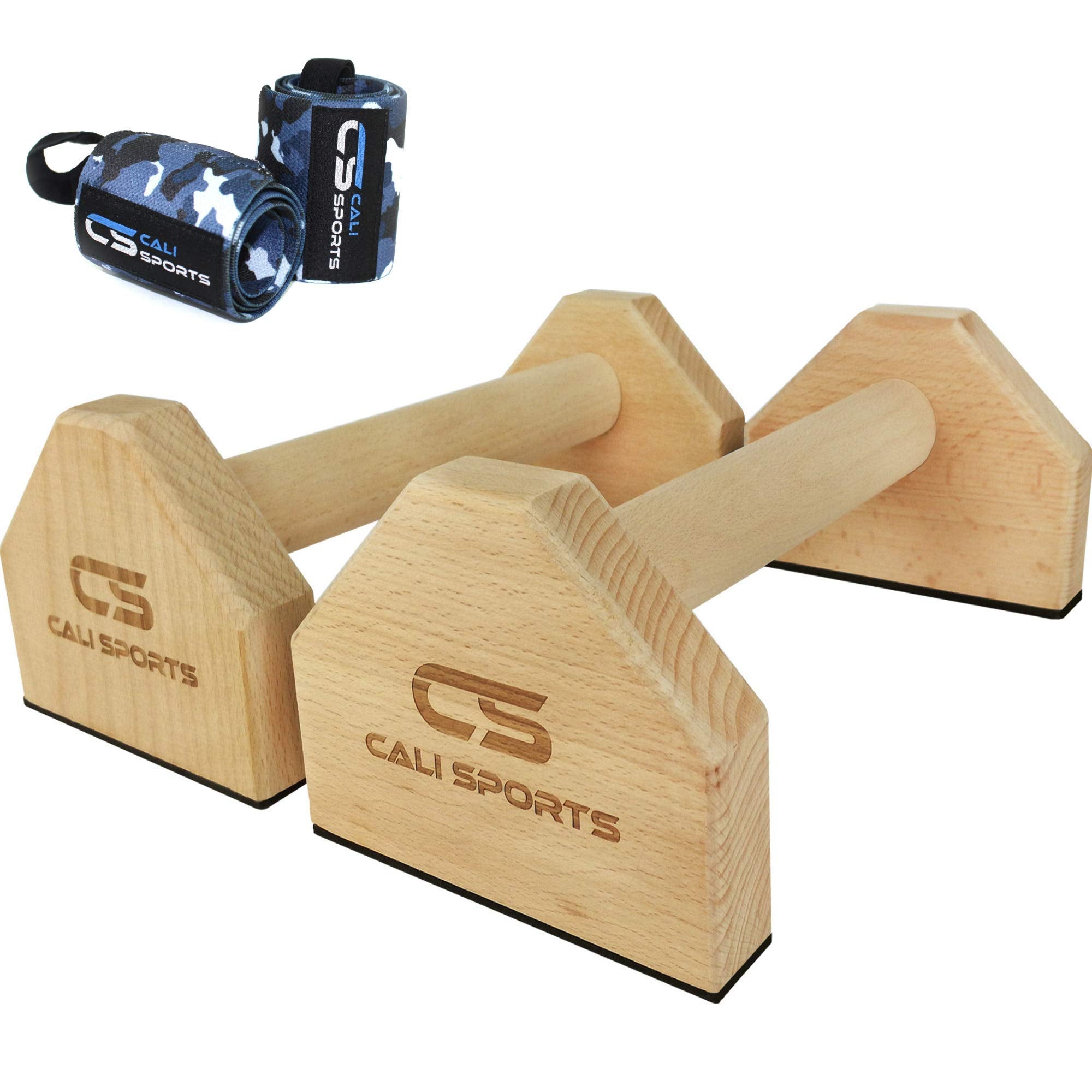 CALI SPORTS Wood Parallettes - Small Beech Push Up Bars with Wrist Wraps