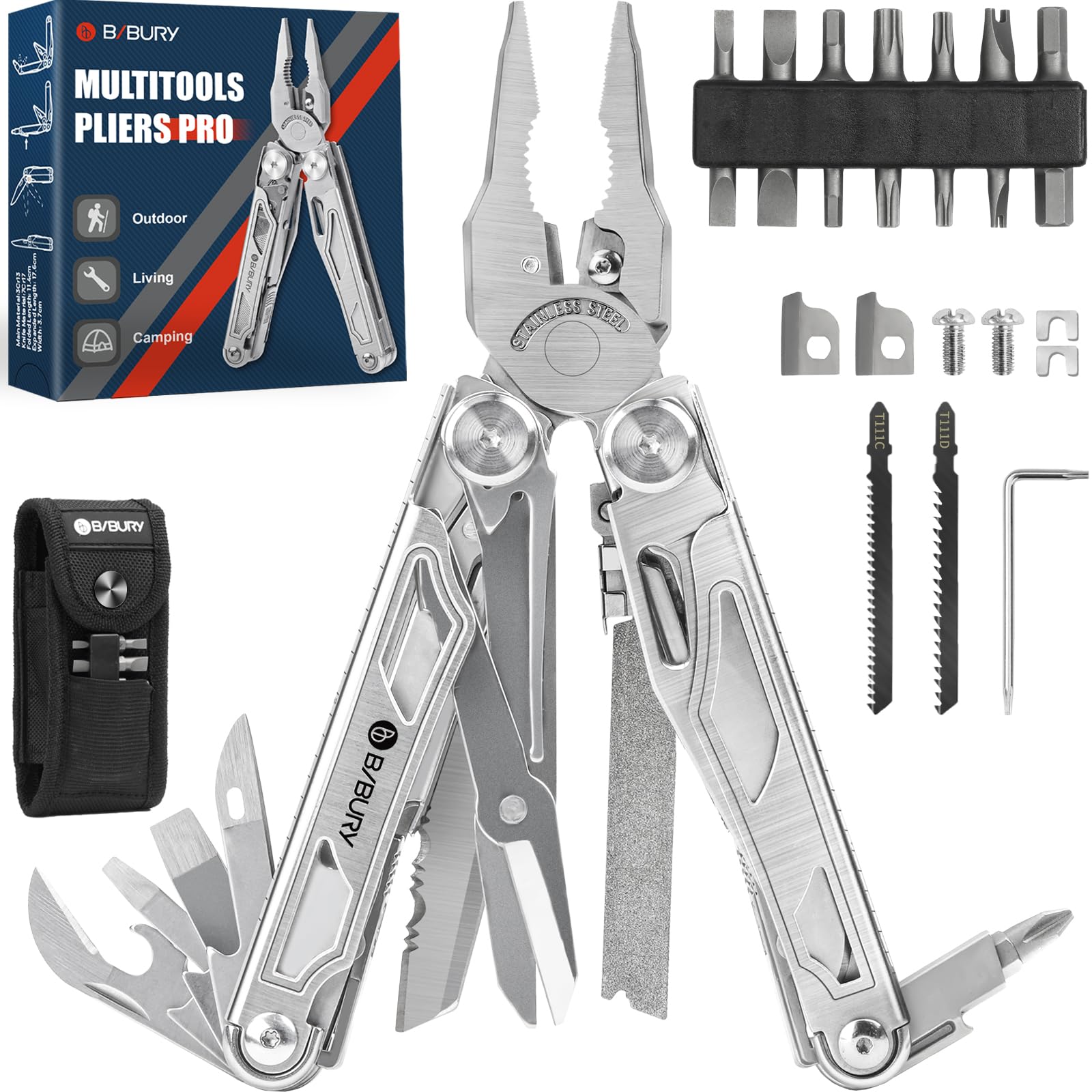 BIBURY Stainless Steel Multitool Pliers with Scissors and Pouch