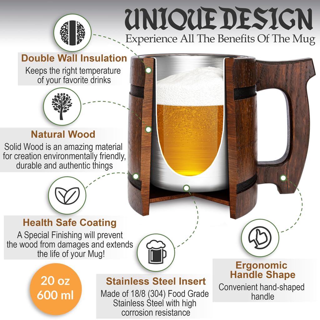 Teslyar Viking Beer Mug – 20oz Handcrafted Oak Wood & Stainless Steel